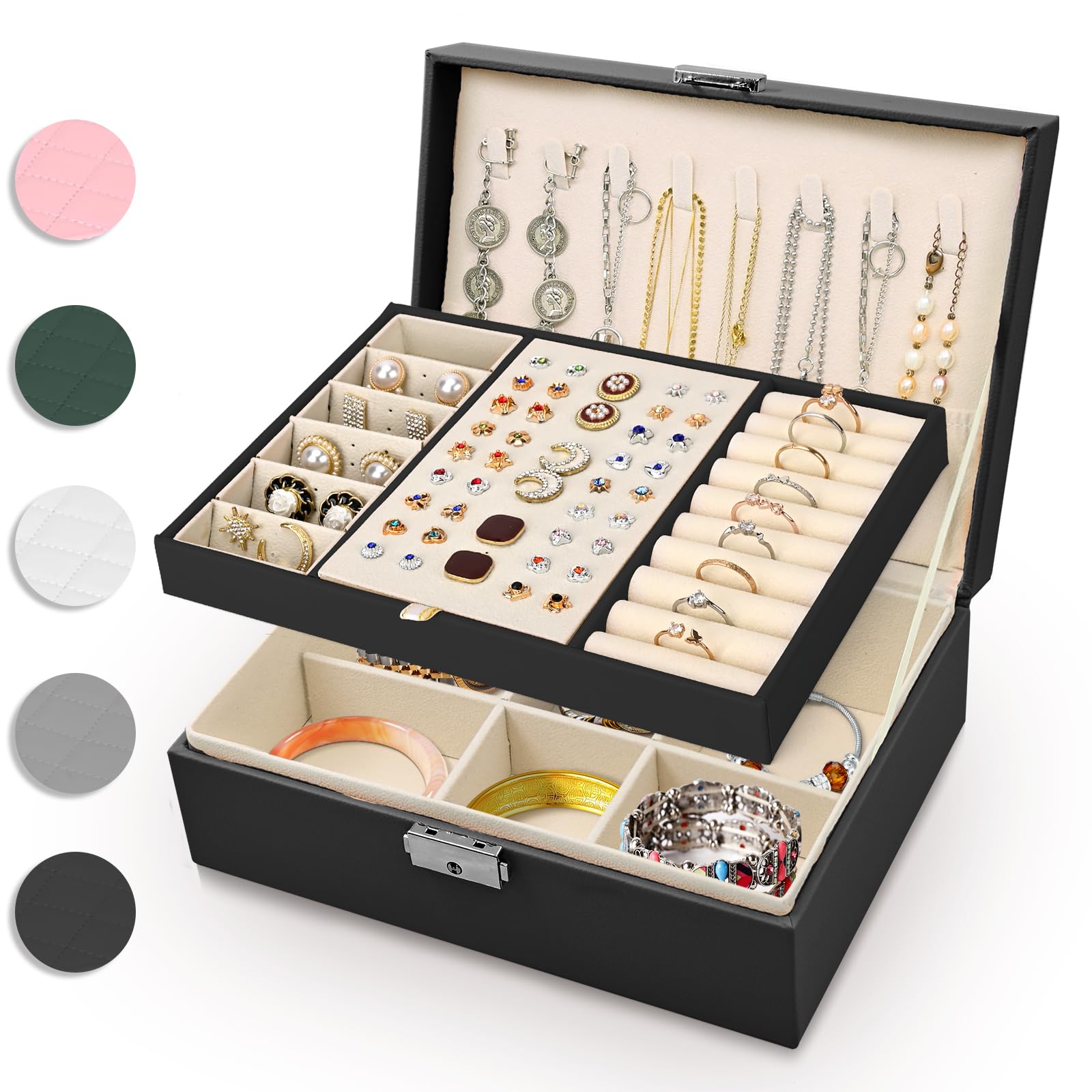 Women's Travel Jewellery Box - 2 Layer Large PU Leather Jewelry Organizer for Rings, Bracelets, Earrings, Necklaces - Black