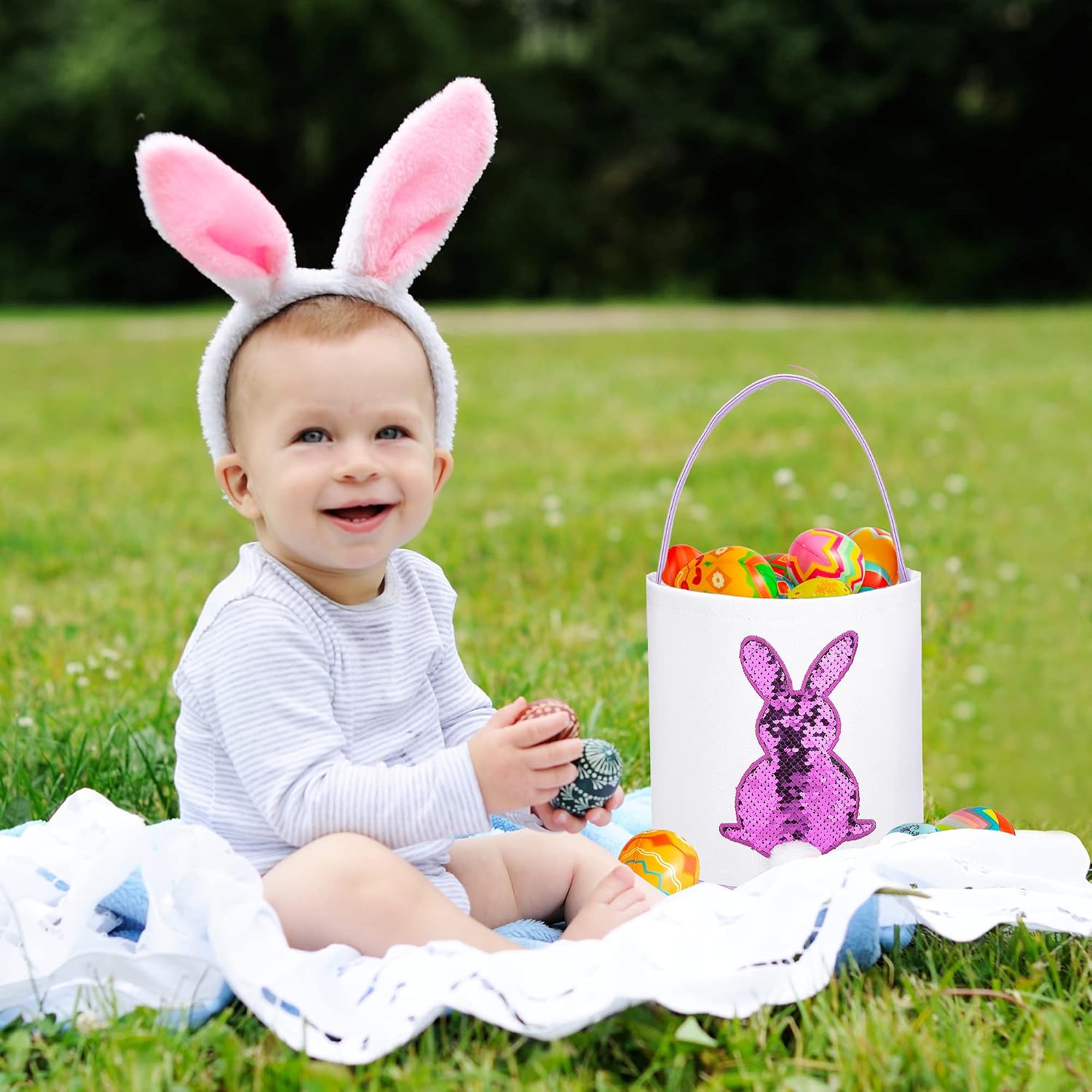 Easter Bunny Basket for Kids - Easter Tote Bag with Handle for Egg Hunting