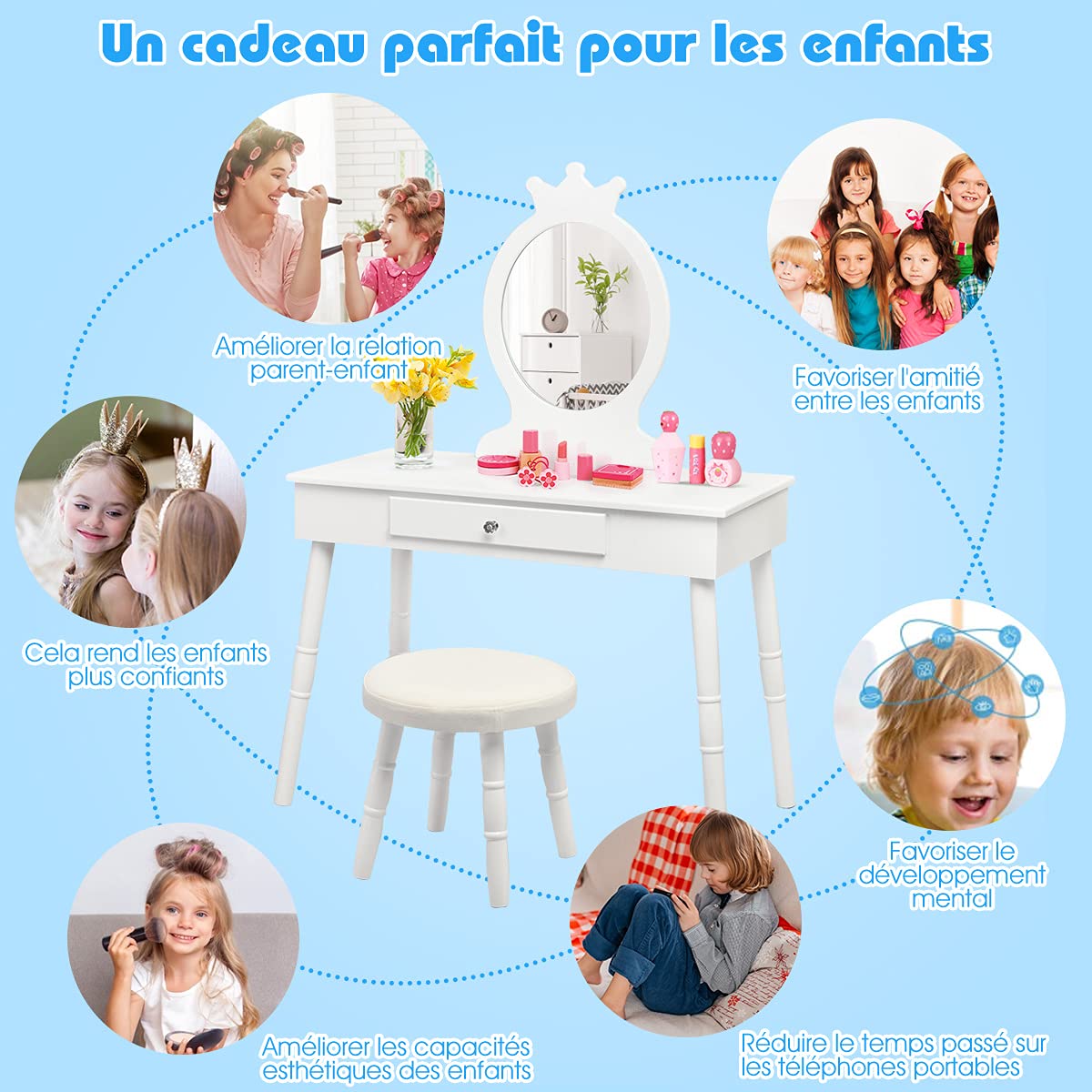 GOPLUS Tocador Infantil con Espejo en Forma de Corona (Incluye Mesa de Maquillaje y Taburete), 1 cajón, Accesorio de Maquillaje, Mesa de Maquillaje para niñas, Estilo Princesa (Blanco)