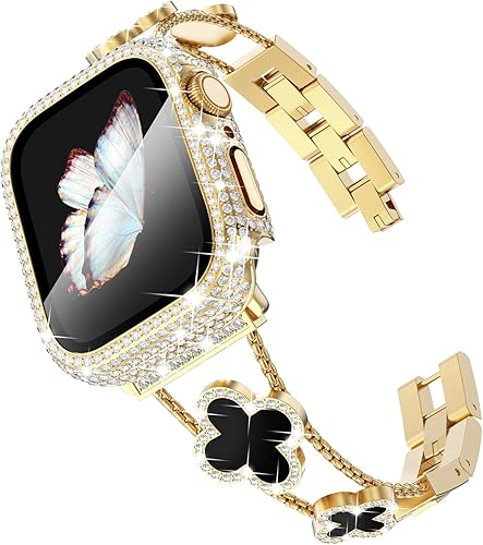 Miniatura 10 de Surace Compatible con correas doradas de Apple Watch de 1.575 pulgadas para mujer, joyería de diamantes de imitación de acero inoxidable con funda