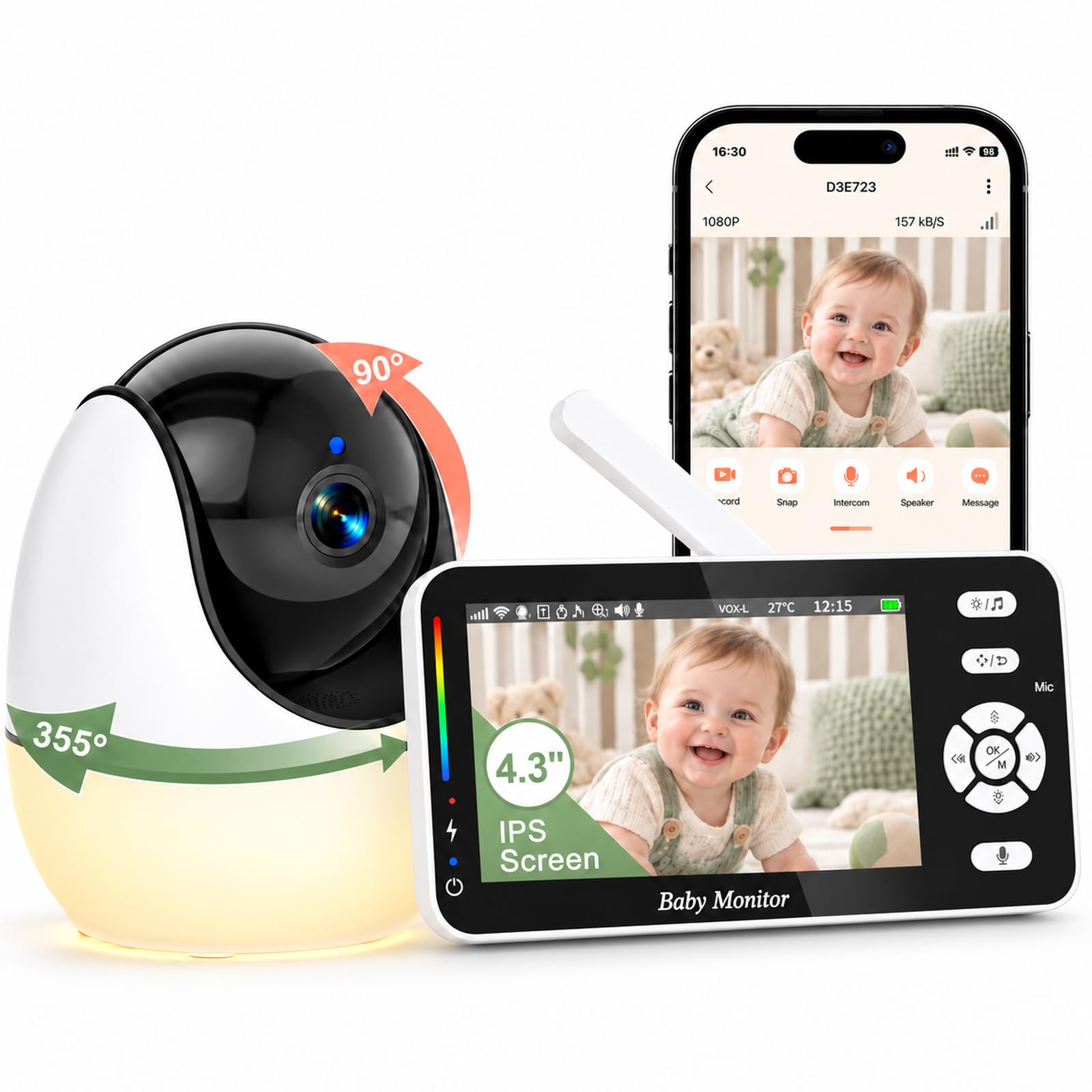 OBVHNUA Baby Monitor 3500mAh WiFi 4,3'' IPS con Telecamera, App, VOX | Visione notturna, audio bidirezionale, rilevamento del pianto e registrazione locale per una cura più semplice.