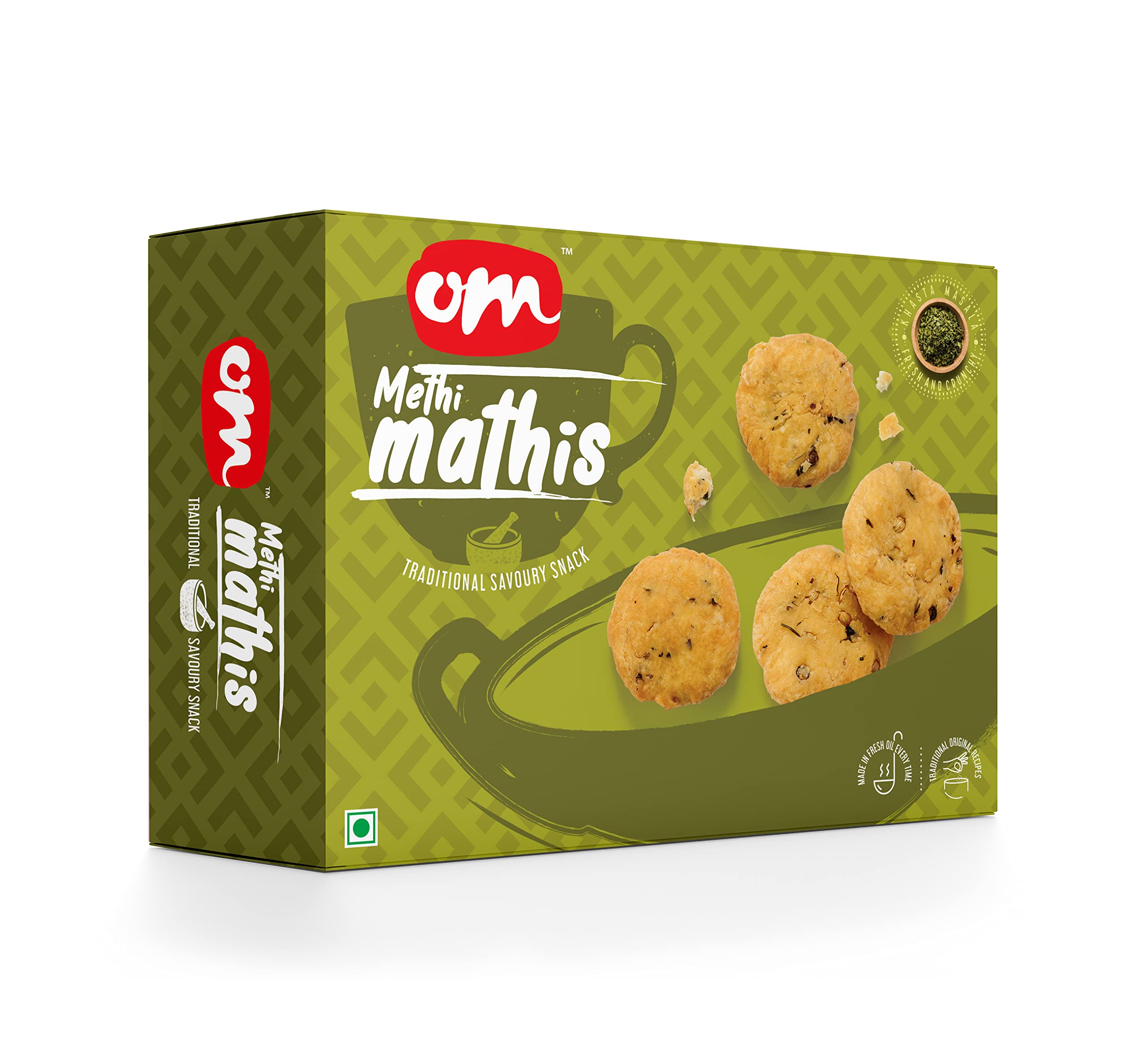 Om Sweets & Snacks Mathi | Methi Mathi | Mathri Gujarati Snacks | Namkeen Mathi | Healthy Snack | Mathri | Indian Tea Time Crunchy Party Snack | Delightfully Ready to Eat | Namkeen & Savouries | Pack of 2 x 300g