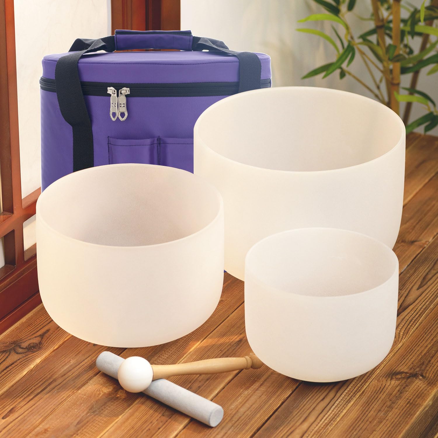 SOUNDELLO 6-10 Inch 432hz Quartz Crystal Singing Bowls Set Of 3 Pure White, For Healing Mindfulness Meditation Yoga Sound Baths With Case And Mallet Suede Striker