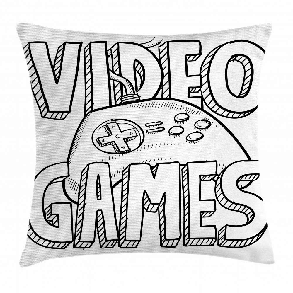 Lunarable Cartoon Throw Pillow Cushion Cover, Doodle Style Video Games Typography Design a Controller Sketch Art, Decorative Square Accent Pillow Case, 36