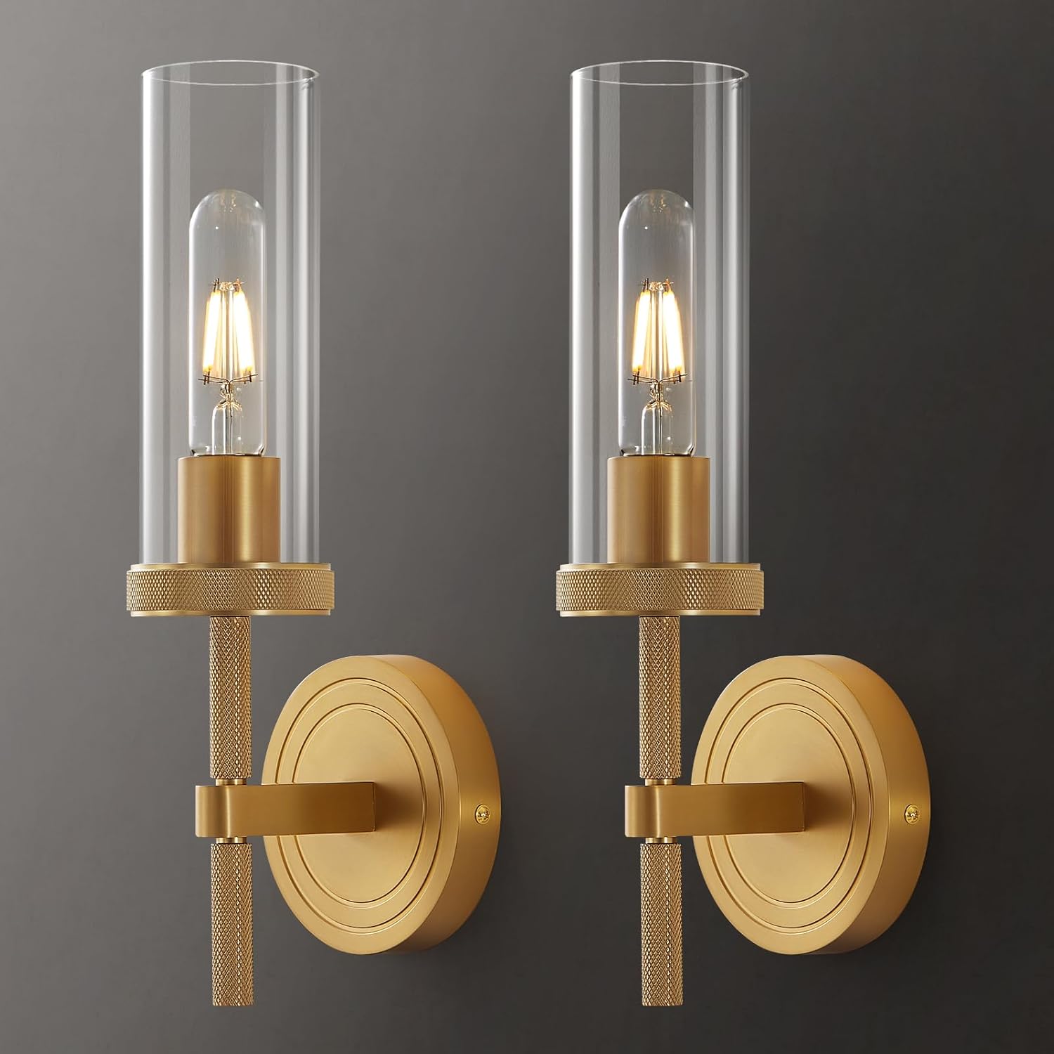 Modern Gold Wall Sconces Set of Two,15.5" Knurled Aluminum Sconces Wall Lighting with Tube Clear Glass,Brushed Brass Bathroom Sconces Vanity Wall Light Fixture for Living Room Bedroom Corridor Hallway