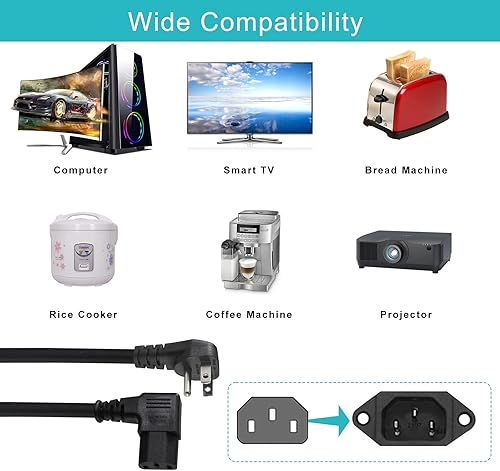 Miniatura 7 de Cable de alimentación para computadora de 90 grados, cable de alimentación IEC de ángulo recto de 2 pies, cable de alimentación universal para PC,
