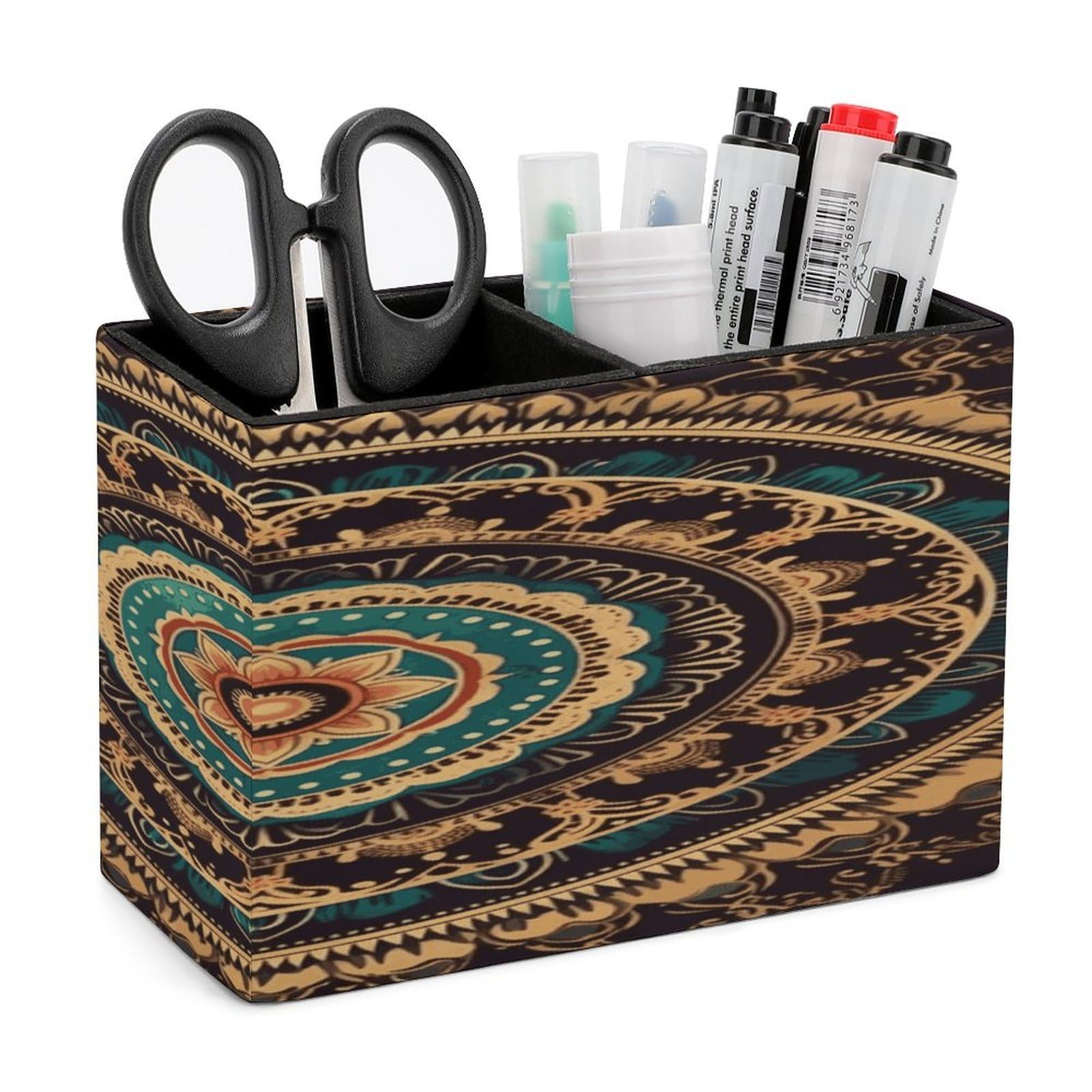 FekiLoot PU Leather Mandala Pen Holder for Desk 2 Compartments Desktop Stationary Organizer Rectangle Table Pencil Cup Stand Desktop Stationery Organizer Case for Office Home