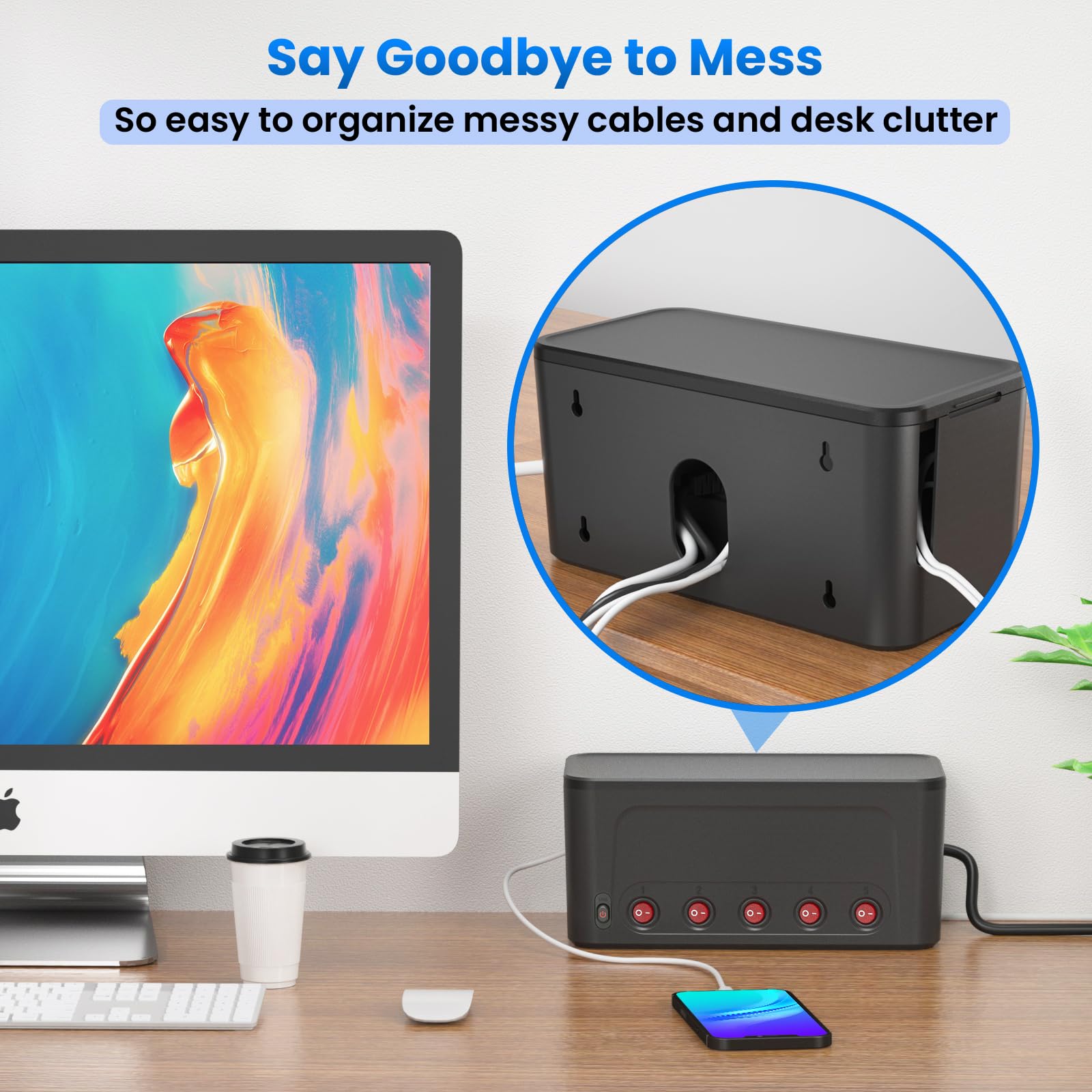 Scatola Portacavi con Ciabatta Multipresa USB, Presa Multipla Salvaspazio 5 Prese con 4 USB,Scatola Nascondi Cavi Ciabatta 5 Schuko,Cable Tidy Box,Organizzatore Nascondi Fili - Grande,Cavo 1,5M,Nero