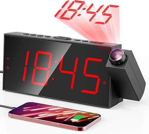 Reloj despertador de proyección, reloj digital con proyector giratorio de 180, atenuador de brillo de 5 niveles, pantalla LED transparente, cargador