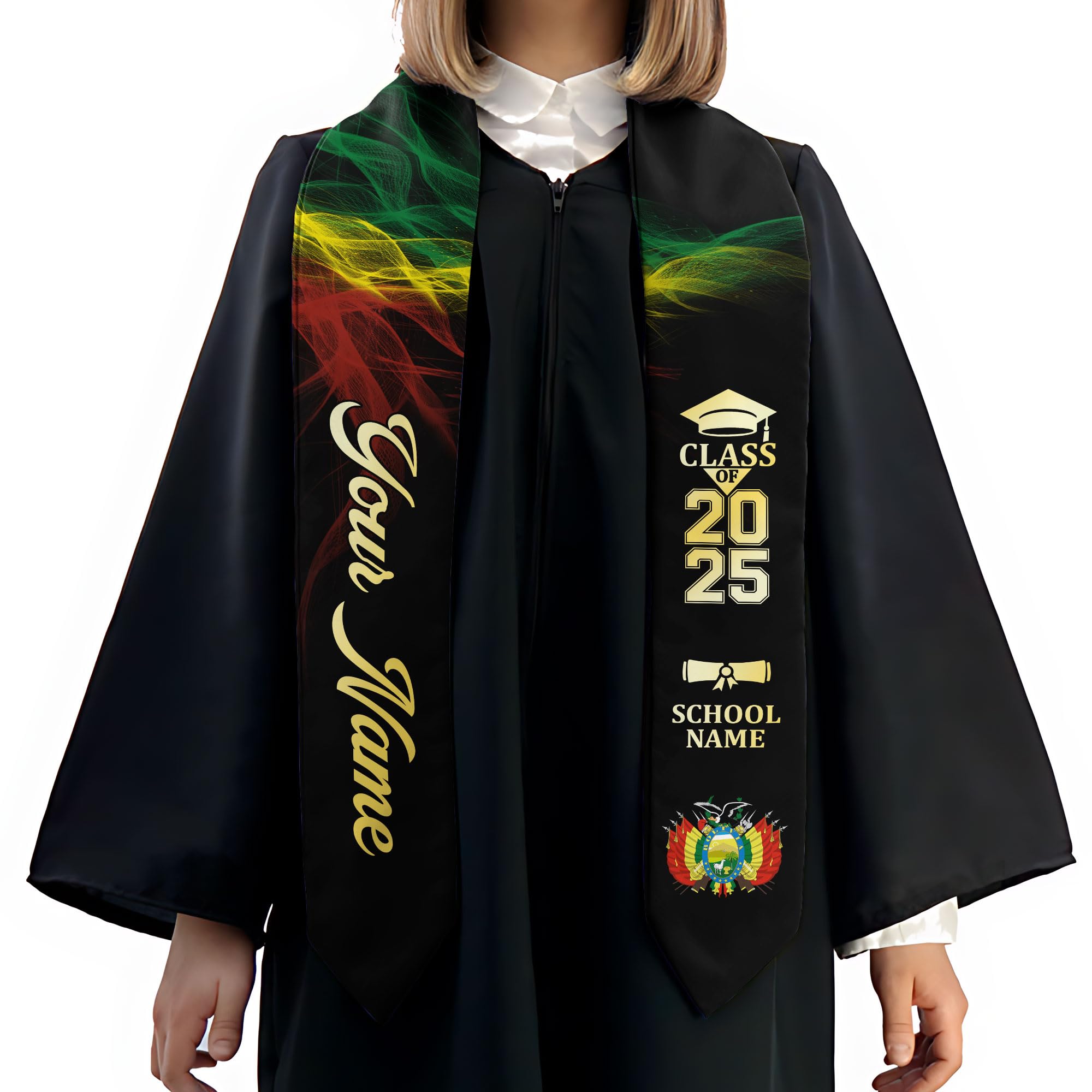 MonkeyVan Personalized Bolivia Graduation Stole, Bolivian Graduation Sash, Bolivia Flag Graduation Stole, Class of 2025 M53