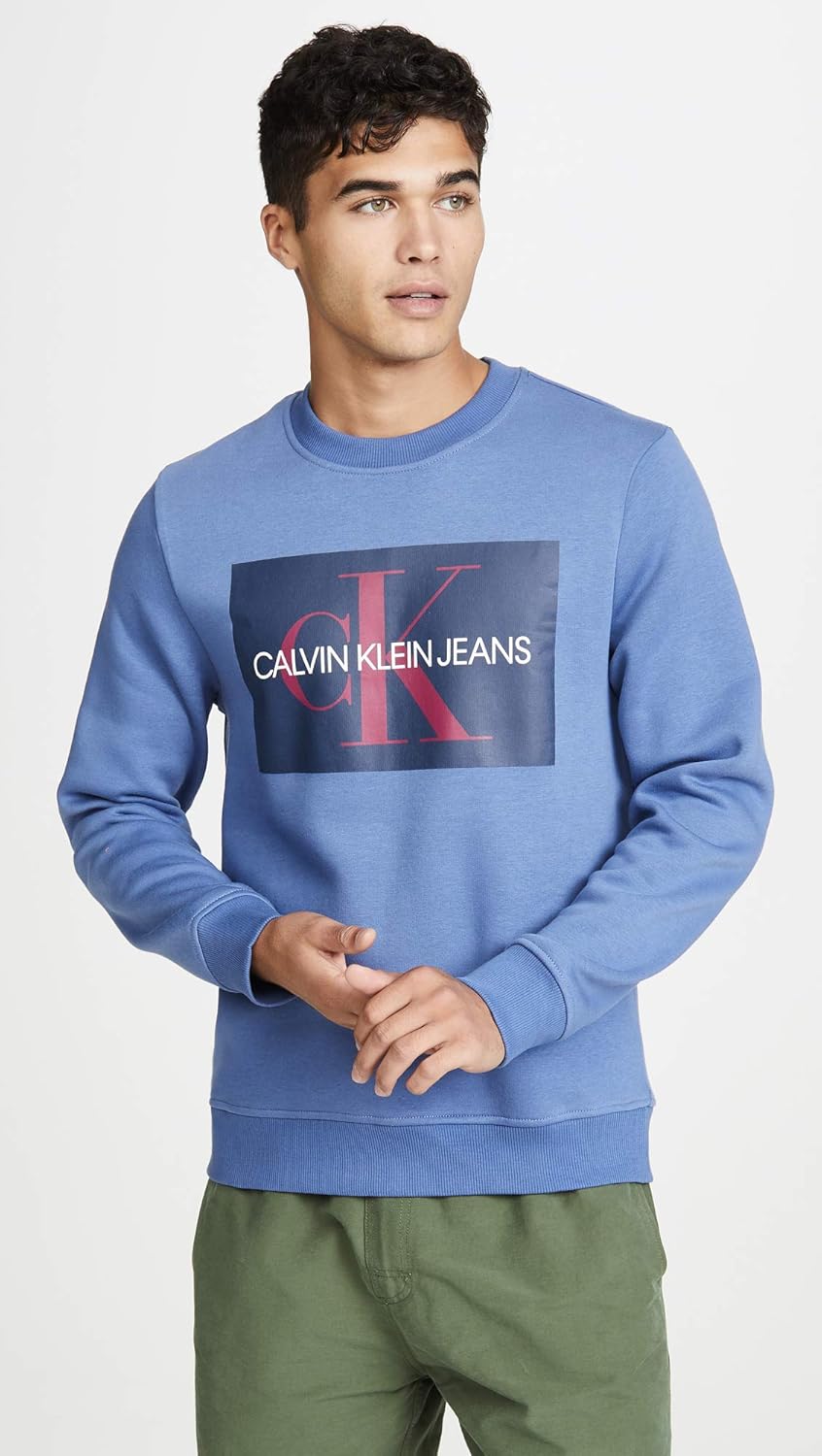 Calvin Klein Men's Monogram Logo Crew Neck Sweatshirt Large Gray Blue