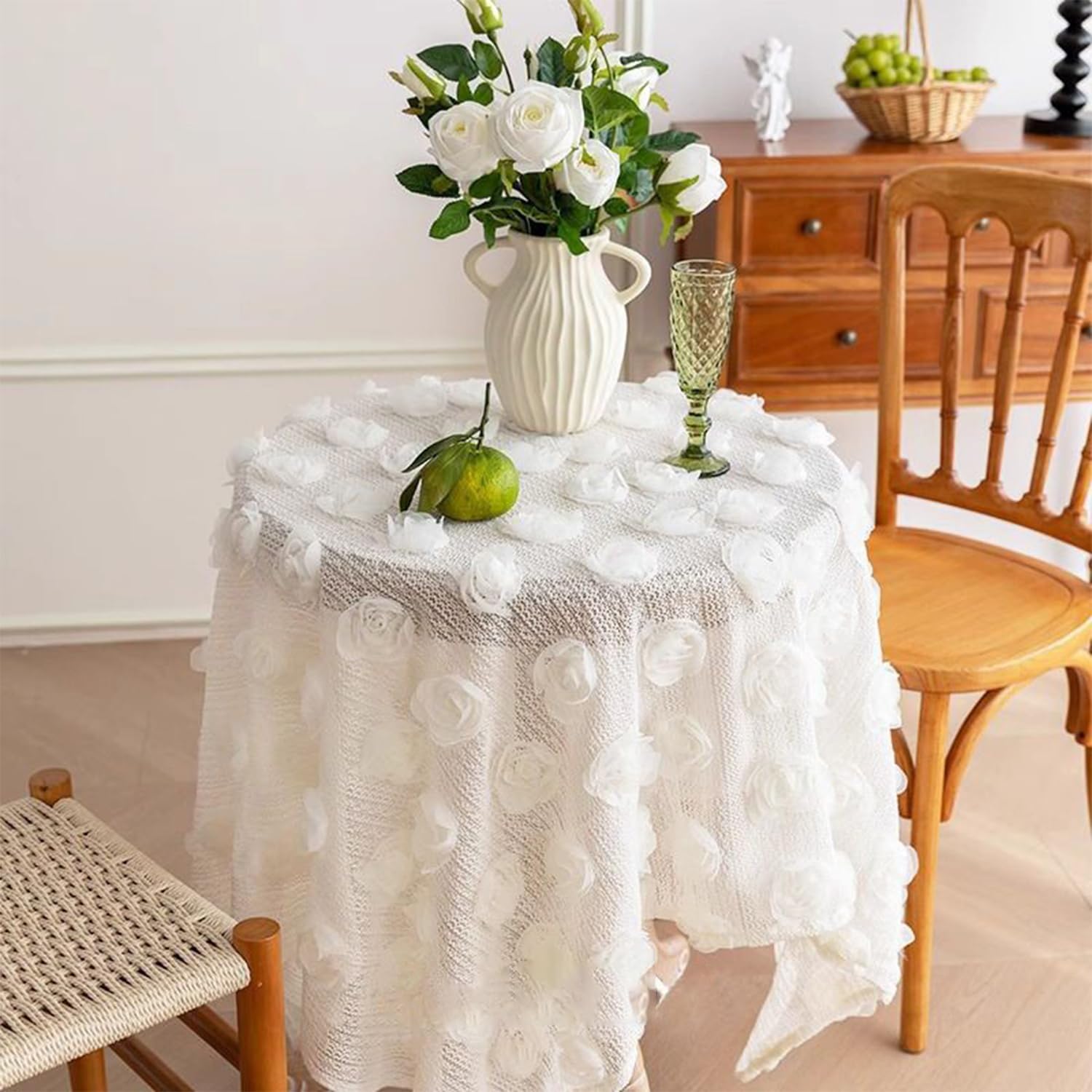 VOLURE Vintage Lace Tablecloth, White Square Lace Tablecloth With 3D Rose 90-140cm(90x90cm)