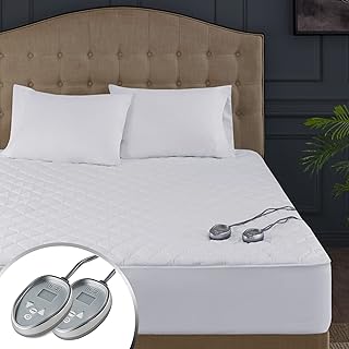 Hyde Lane Dual Control Heated Mattress Pad Queen Cotton, Quilted Electric Bed Warmer with 20 Heat Settings & Auto Shut Off, Fits Up to 18 Inch