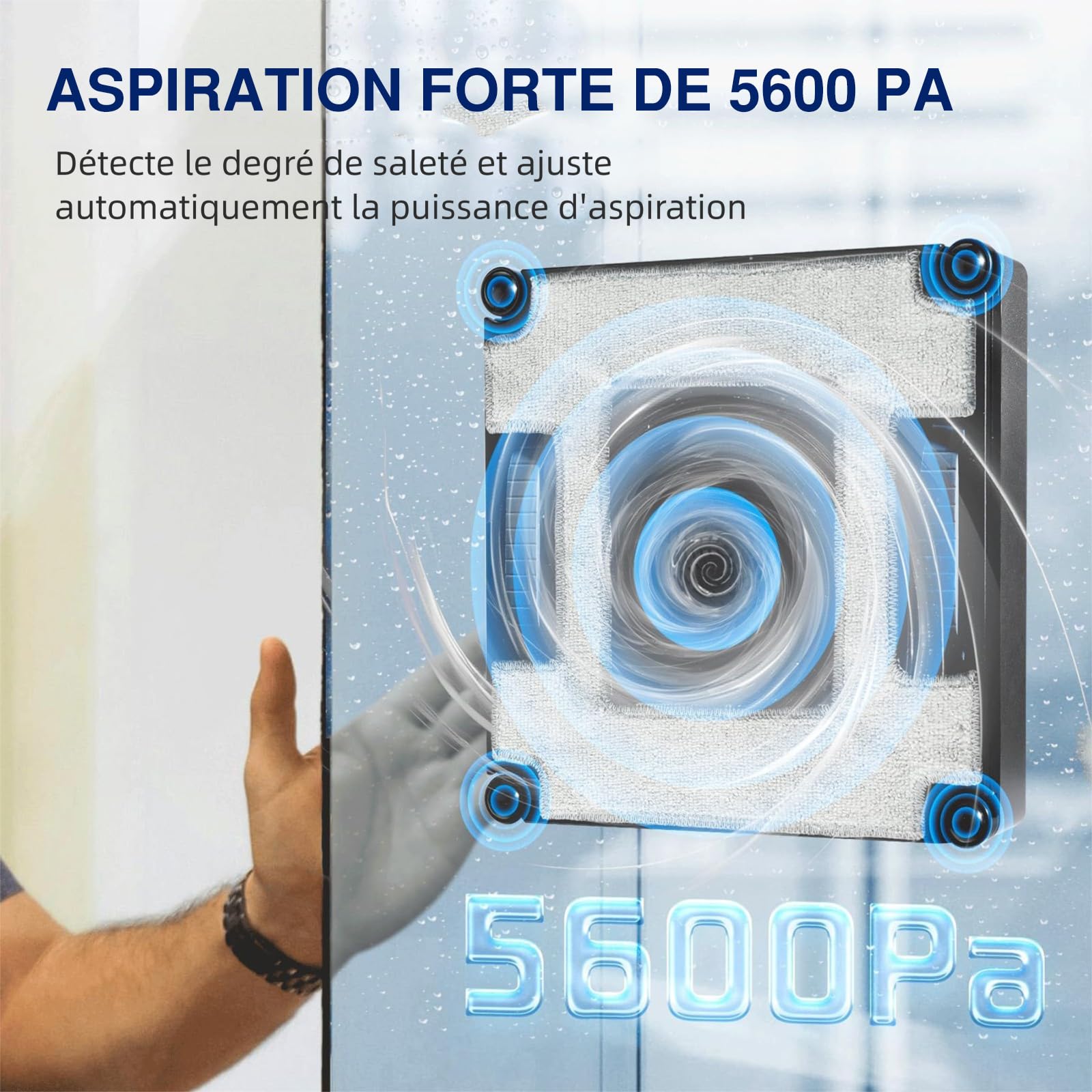 Robot Laveur de Vitre 5600Pa, Nettoyeur Vitre Automatique 6 Buses Pulvérisation, Aspirateur à Vitre Intelligent avec Télécommande & Corde de Sécurité, pour Fenêtres Intérieures et Extérieures