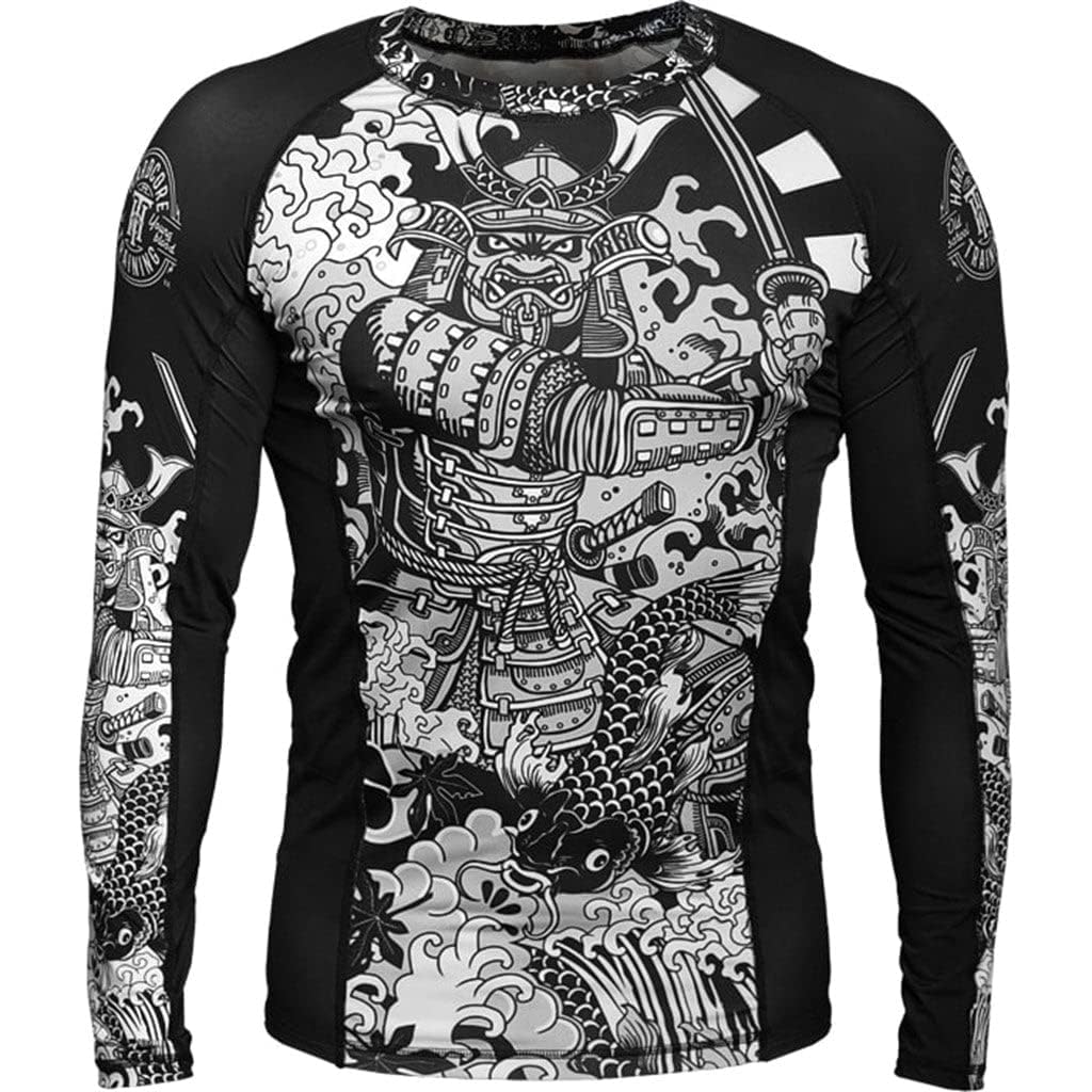 Hardcore Training Rash Guard Mężczyźni Kompresja Koszulka Długi Rękaw BJJ MMA No-Gi Obcisła Grappling Boks (DE/NL/SE/PL, Alfa, XS, Regularny, Regularny, Biały/czarny)
