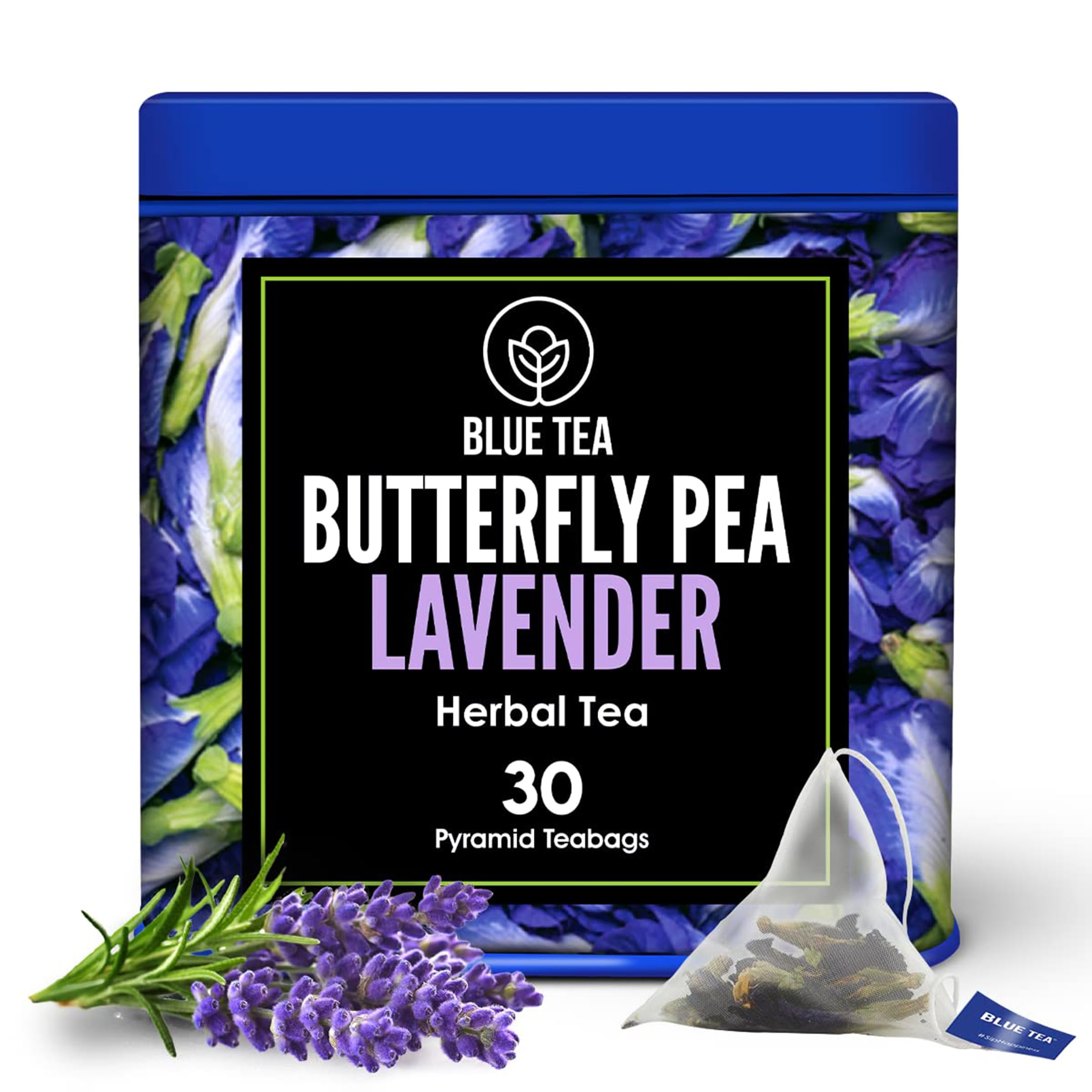 BLUE TEA - Butterfly Pea Flower Tea - Lavender - 30 Count - Pyramid Plant Based Tea Bag | ANTIOXIDANT RICH | Flower Based - Herbal Tea - Caffeine Free - Detox Tea | Tin Packaging