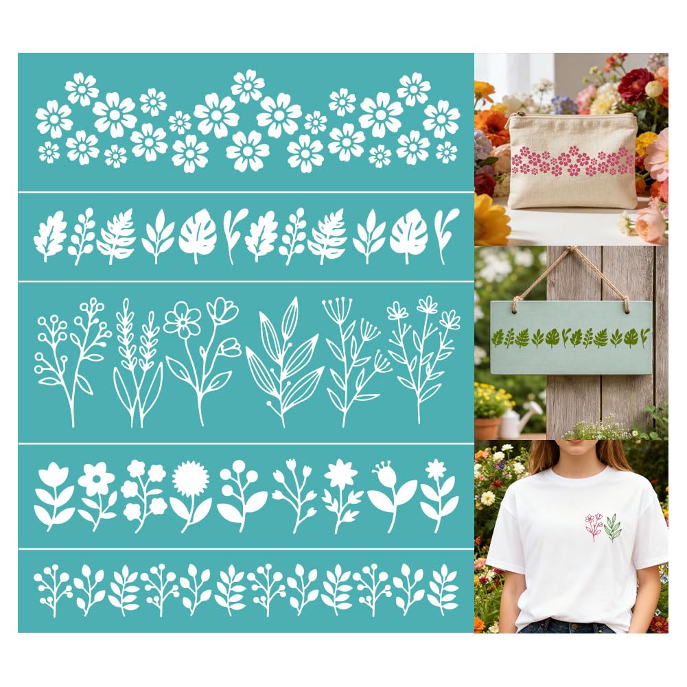 GOMAKERER 2 Pcs Spring Flower Silk Screen Stencil, Leaf Border Self-Adhesive Reusable Silk Screen Printing Stencils Templates for Painting on Wood, T-Shirt, Fabric, Wall, Home Craft Decor