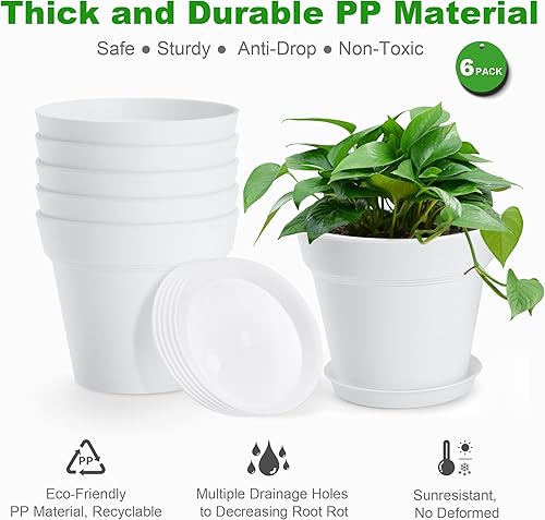 Miniatura 3 de Macetas de plástico de 4 pulgadas, paquete de 6, macetas pequeñas con agujeros de drenaje y bandeja, macetas de interior gruesas, macetas de vivero,