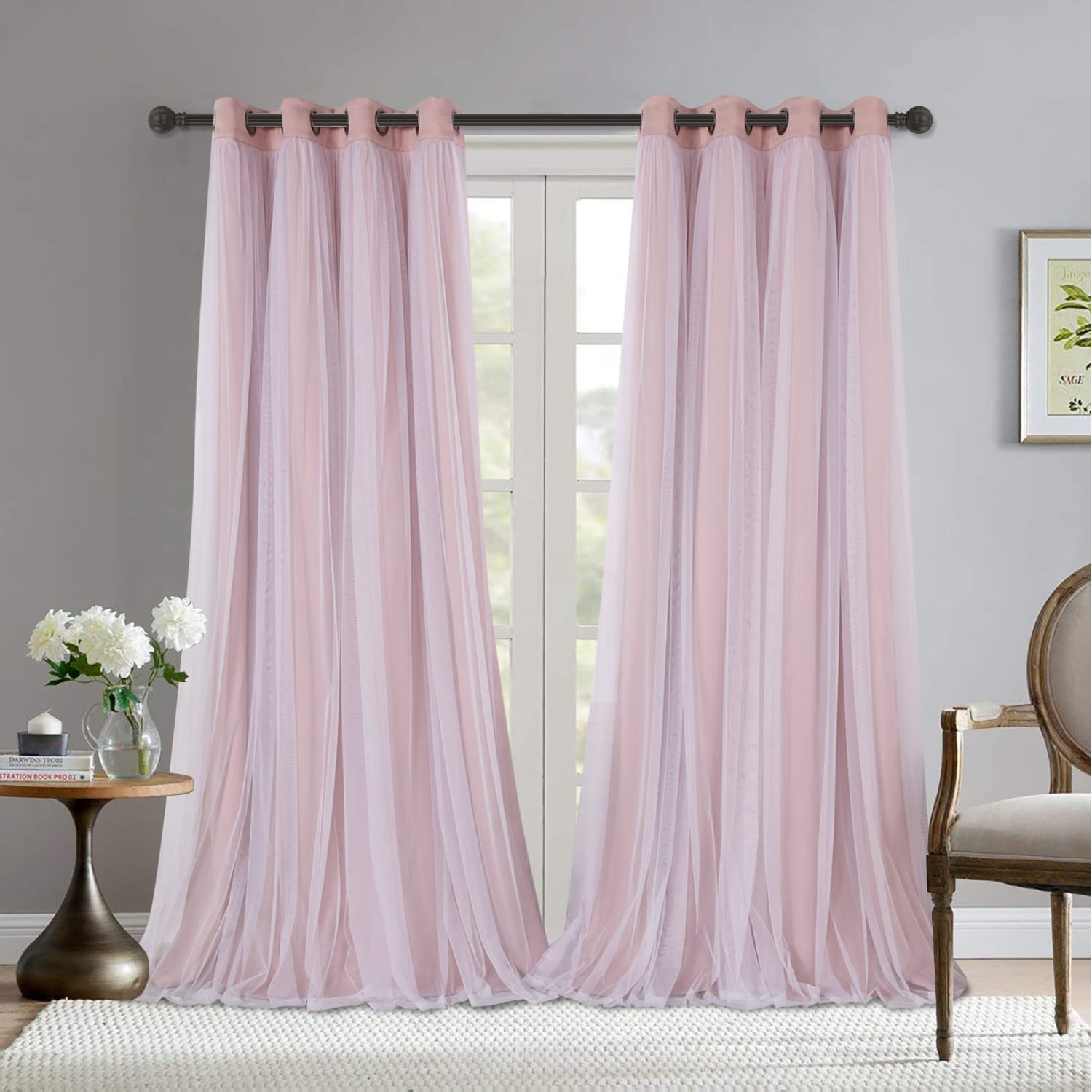 (similar)BONZER Mix and Match Blackout Curtains Grommet Double-Layered Curtains with White Sheer Voile for Living Room, Blush, 52x95 Inch, Set of 2 Panels