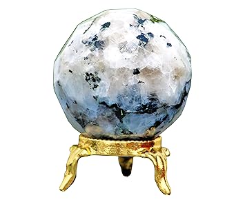 Superb Polished White Rainbow Moonstone Crystal Quartz Natural Stone Diamond Cut Sphere with Golden Stand (50mm/160gm) Chakras Healing Raw Minerals Specimen Orb Healing Charged Metaphysical