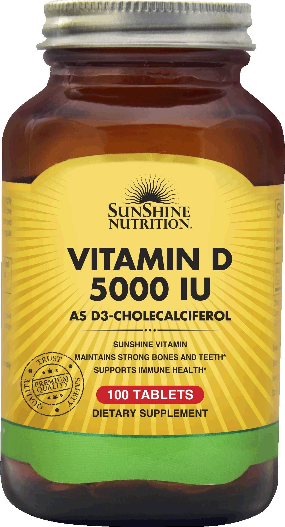 Sunshine NutritionVitamin D 5000 Iu (D3 Cholecalciferol), 100 Tablets | Promotes Strong Bones, Teeth | Supports Healthy Function | Gluten Free