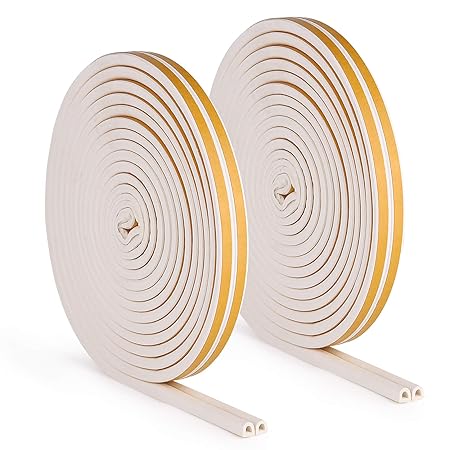 Weather Stripping Door Seal Strip TZSEAL Weatherstrip Front Window Frame Foam Adhesive Rubber Soundproof Insulation Waterproof Dust-Proof Anti-Collision D-Shape 2 Rolls White Total Length 64 Feet
