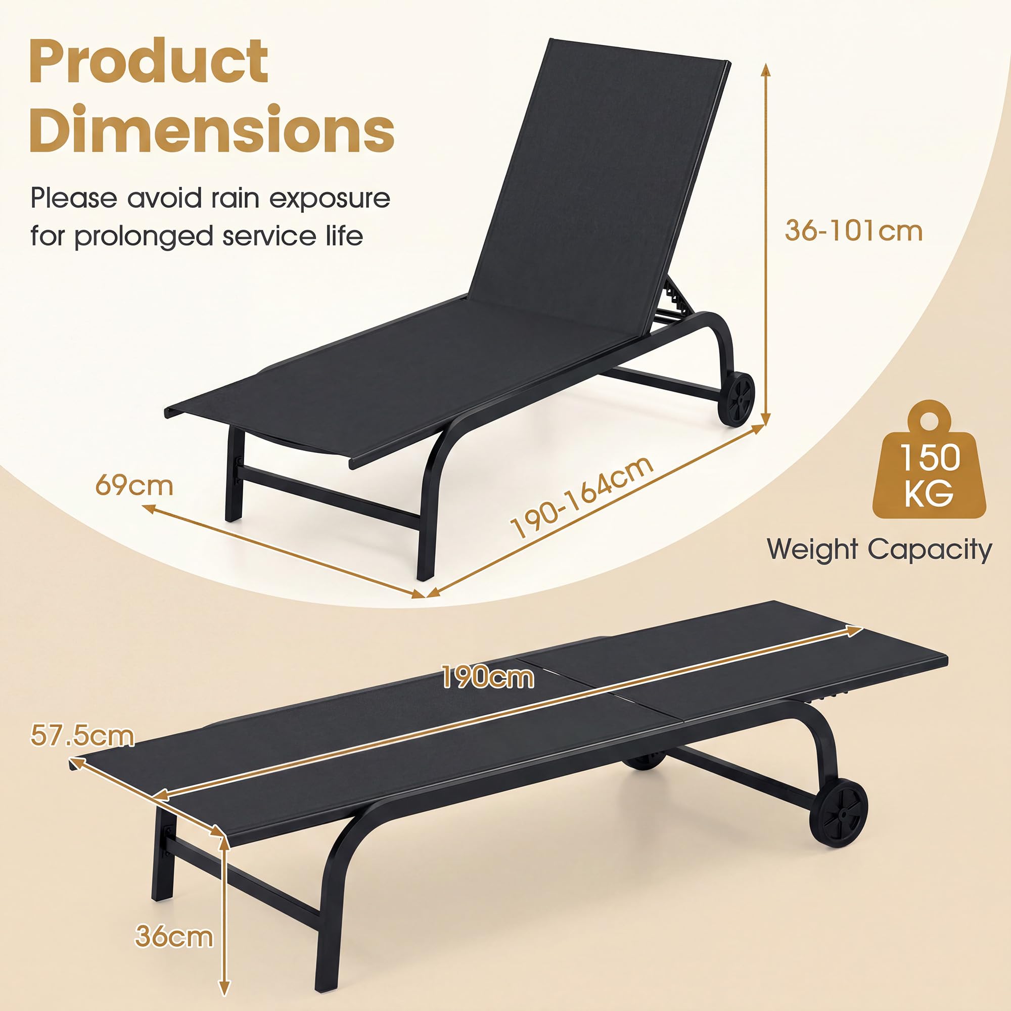 KOMFOTTEU Juego de 1/2 Tumbona de Jardín con Ruedas, Tumbona de Tela con Respaldo Ajustable en 6 Posiciones, Silla Reclinable de Exterior, Carga 150 kg, para Balcón, Terraza, Piscina (Negro x 1)
