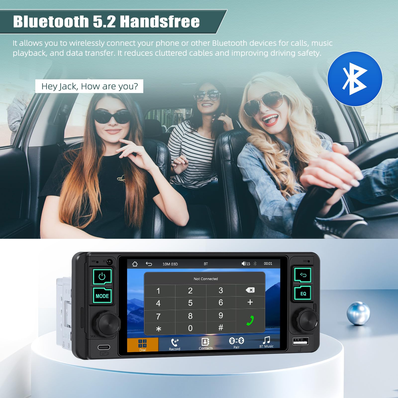 1 Din Autoradio mit 5.1 Zoll Bildschirm mit Wireless Carplay Android Auto, Bluetooth 5.2 Freisprecheinrichtung HD Display Radio mit Mirror Link USB/AUX FM Radio SWC EQ +MIC
