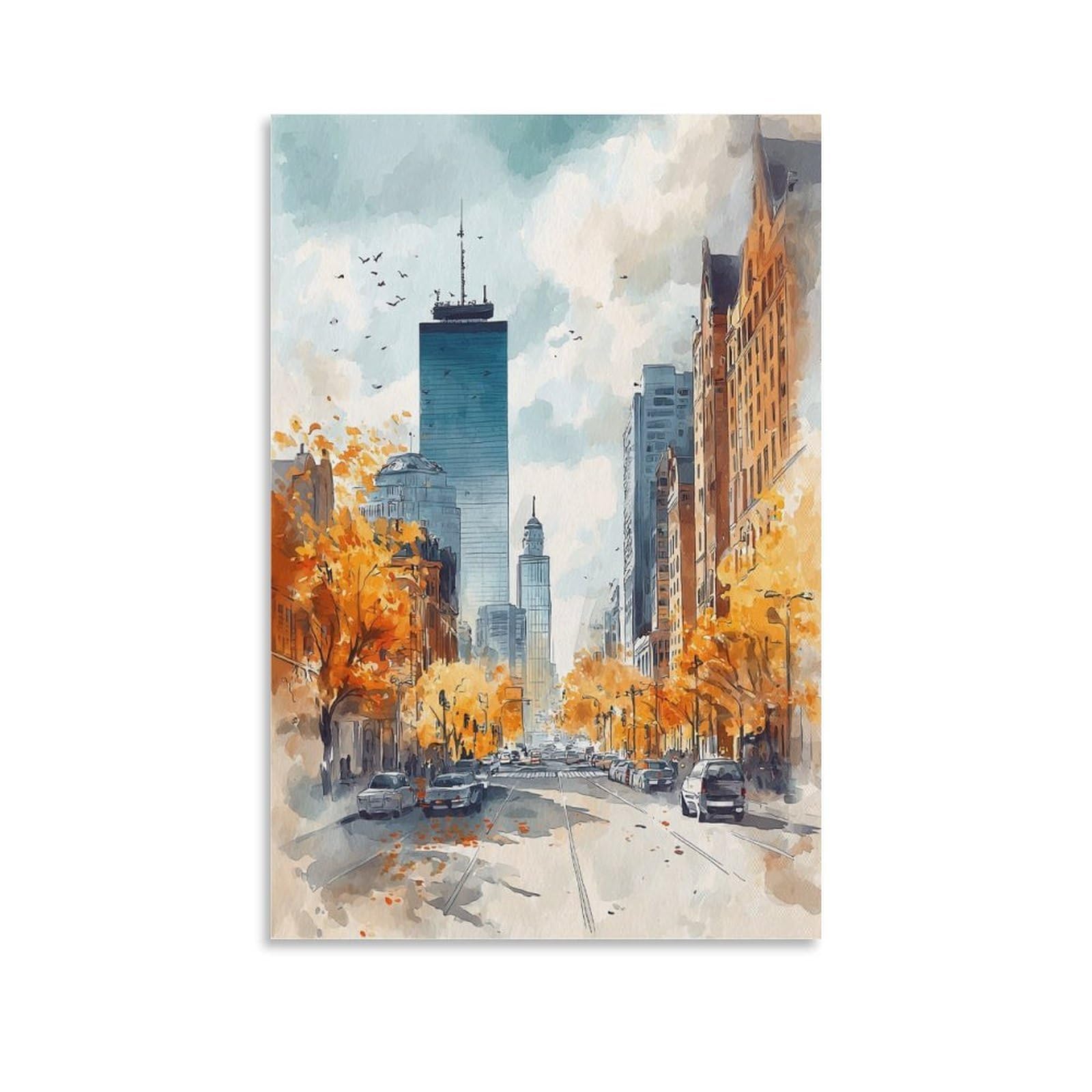 XWYMXZ Boston Watercolor Print Autumn Cityscape Poster 24x36inch(60x90cm) Vintage Watercolor Canvas Art