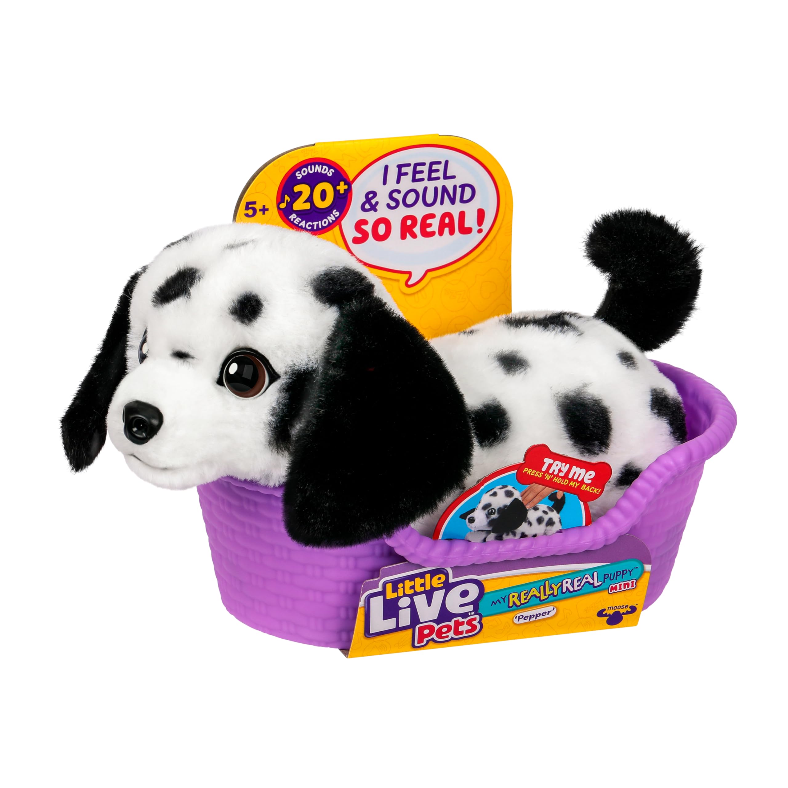 Little Live Pets My Really Real Puppy Mini Pepper The Dalmatian, Interactive Plush Toy with Basket, 20+ Sounds and Reactions, Puppy Toys for Kids