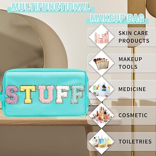 Miniatura 4 de Preppy - Bolsa de cosméticos de nailon para mujeres y niñas, bolsa de maquillaje portátil con parches de letras de chenilla, bolsa impermeable con