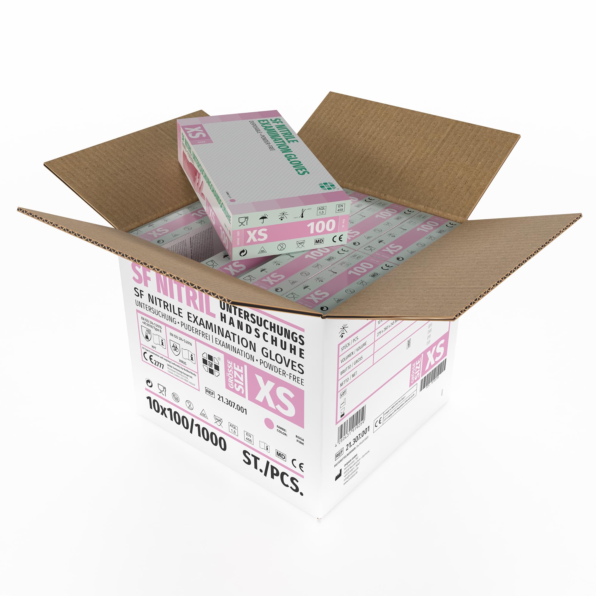 SF Guantes de nitrilo XS rosas – 1000 (10x100) unidades, guantes desechables sin polvo, sin látex, médicos y de examen, aptos para cocina, limpieza, cosmética y uso doméstico