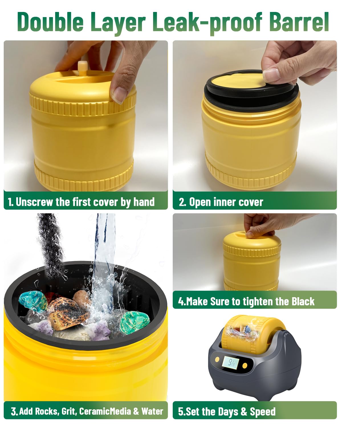 Rock Tumbler Kit, lucidatrice per roccia con timer digitale di 9 giorni, kit completo per la lucidatura delle rocce, design a doppio strato, design con riduzione del rumore, macina include bicchiere