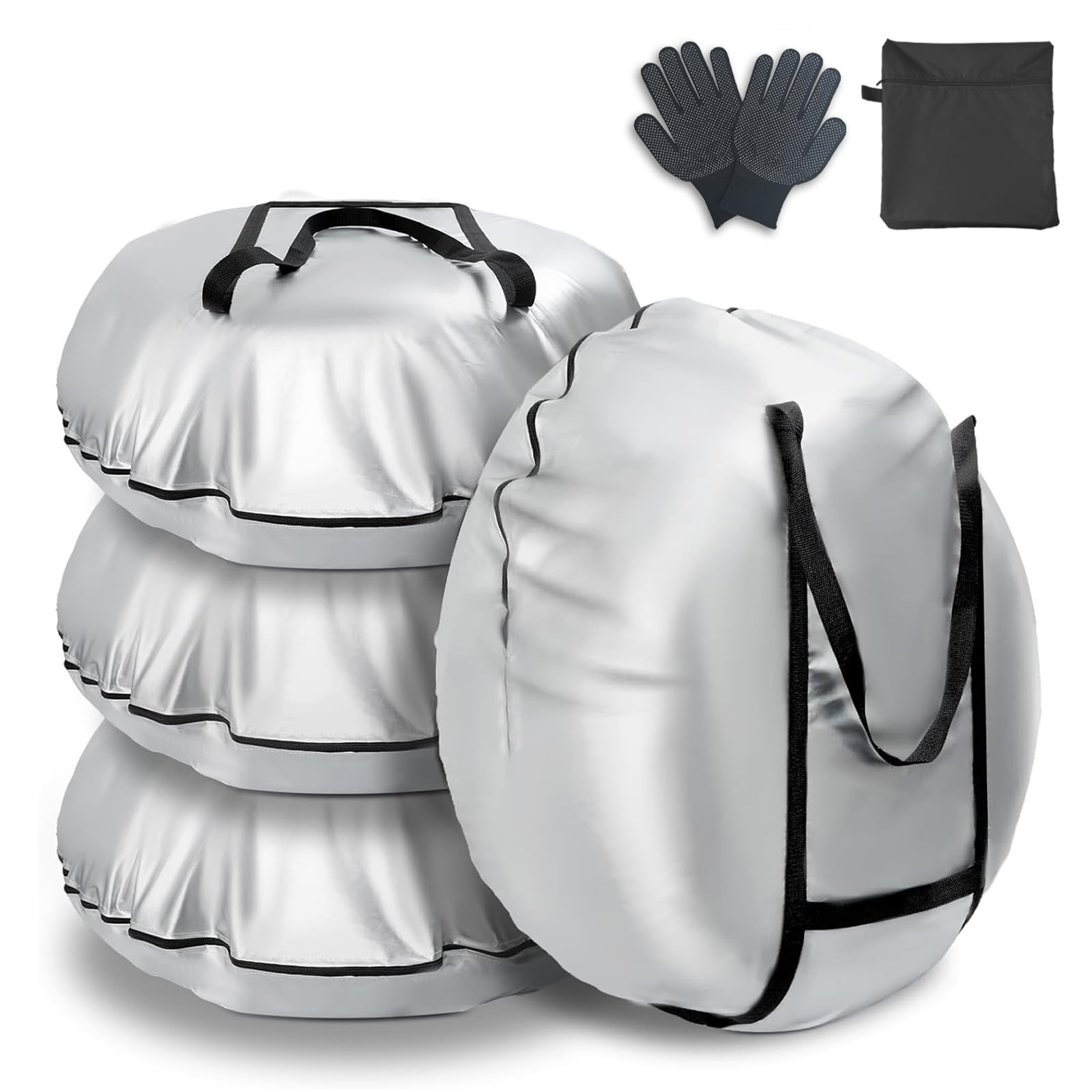 タイヤカバー 4本 厚手420D タイヤ 収納袋 タイヤ収納 屋外 防水 ハンドル付き タイヤ カバー 劣化 UVカット 汚れ防止 防犯 耐久 雨雪対応 全季節対応 タイヤ保管カバー 軽自動車 収納袋付き 滑り止め手袋 (銀, L(80x40cm))
