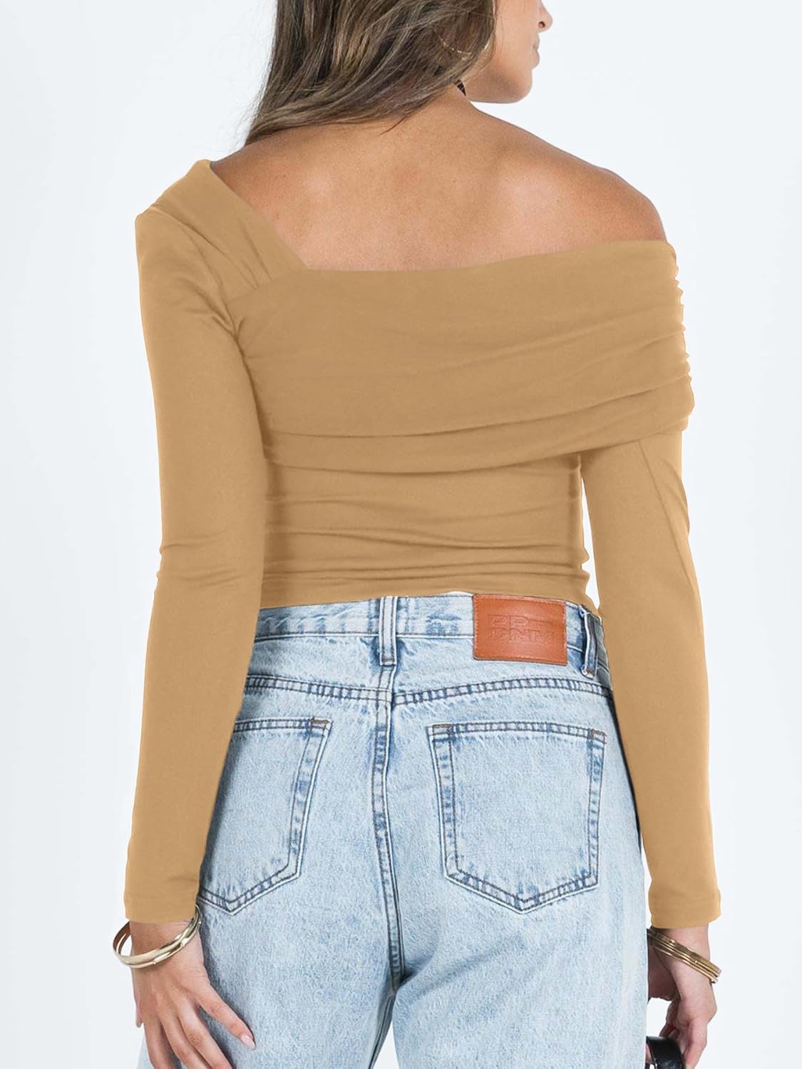 NTSWZYS Women One Off Shoulder Long Sleeve Crop Top Casual Ruched Shirt Slim Fit Y2K Going Out Tops - Image 5