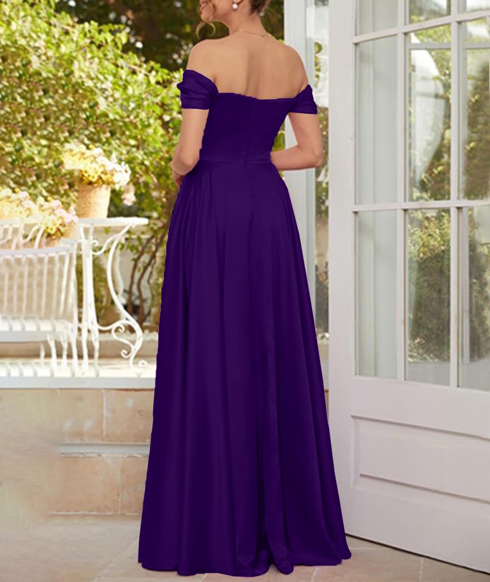 ECDAHICC Schulterfreies Brautjungfernkleid Für Damen Satin Langer Schlitz Elegantes Formelles Abendkleid A-Linie Hochzeits und Partykleid