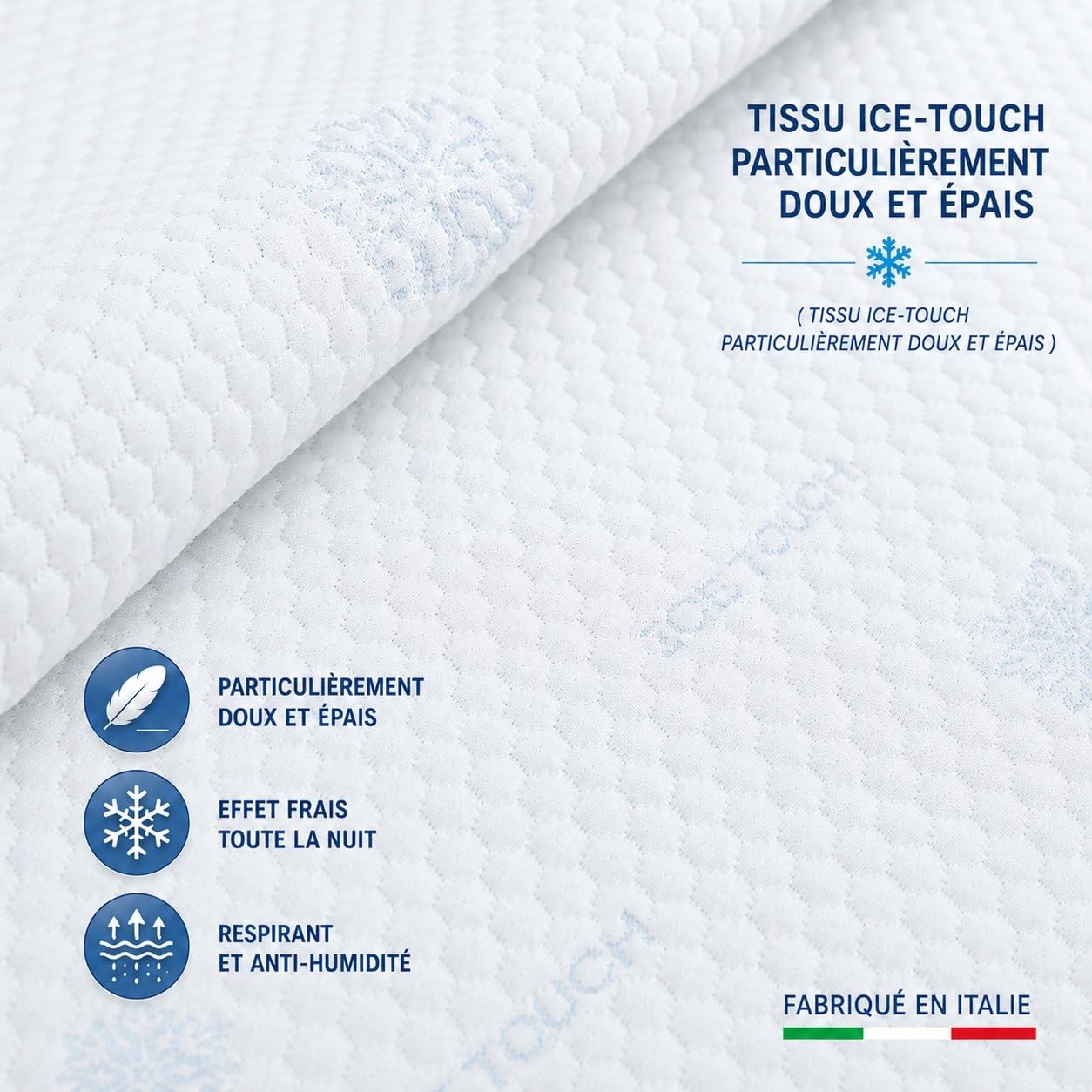 Tex family Surmatelas rafraîchissant Froid + Ice-Touch, pour l'été, thermorégulateur, Respirant, Anti-humidité, Doux, élastique, 2 Places - 175x200 cm H25
