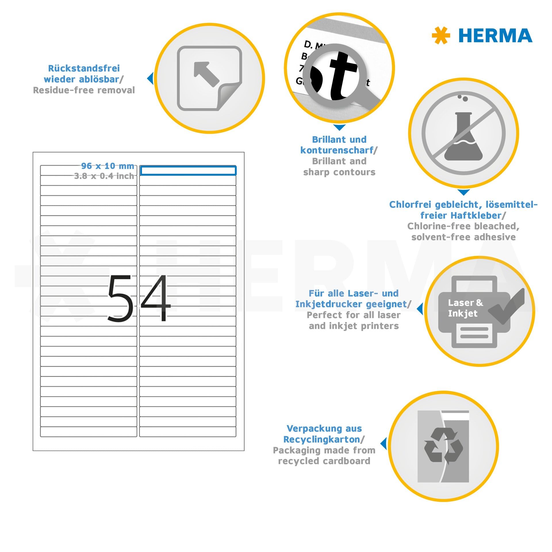 HERMA 10015 paski do opisywania odklejane, 800 arkuszy, 96 x 10 mm, 54 arkusze A4, 43200 sztuk, samoprzylepne, do zadrukowania, matowe, czyste naklejki samoprzylepne, białe
