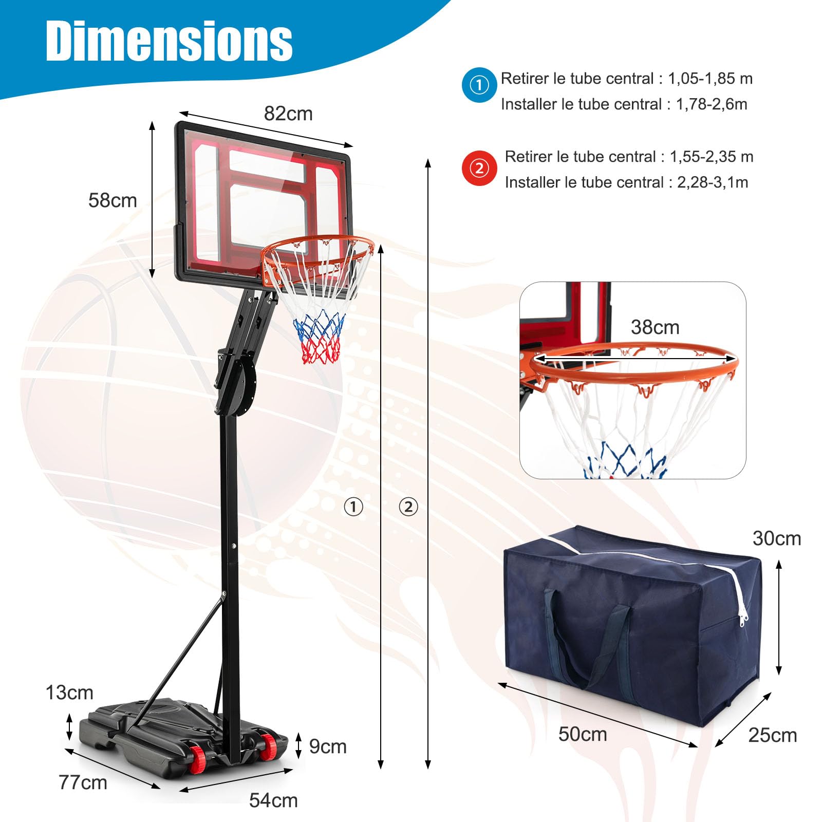GOPLUS Canasta de Baloncesto Exterior Ajustable de 10 Niveles