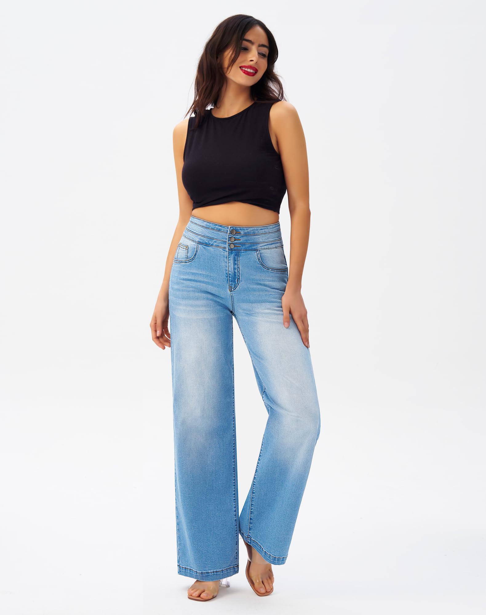 roswear Damen Jeans mit weitem Bein, leger, hohe Taille, Stretch, lockere Denim-Hose