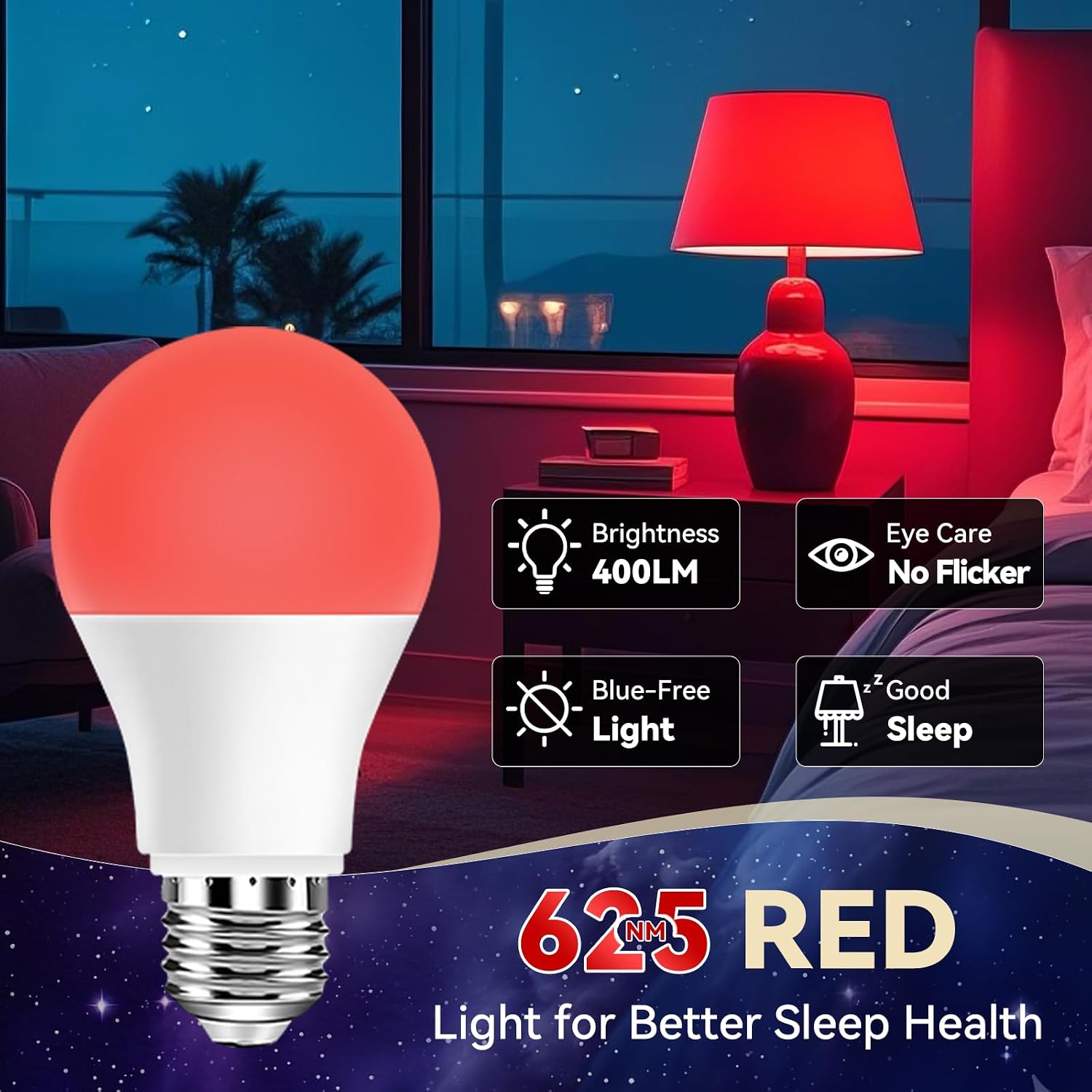 Neporal 625nm Red Light Bulbs for Sleep 3W, 100% Blue Light Blocking Bulbs for Melatonin Promote, A19 40W Eq. Soft Red Night Light Bulb for Sleep, Read, Baby Nursery 2PK (White When Off, Red When on)