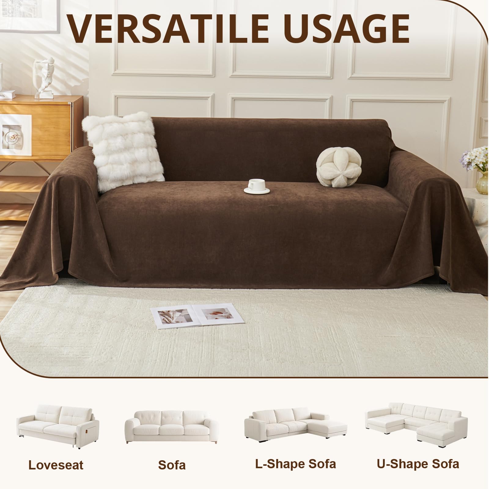 Royhom Sofa Überzug, Chenille Couch Überzug Ecksofa, Sofabezug L Form, Sofa Schutzdecke, Sofahusse mit Armlehne, Sofaüberwurf Decke Weich und Bequem, Brown, 260x180 cm