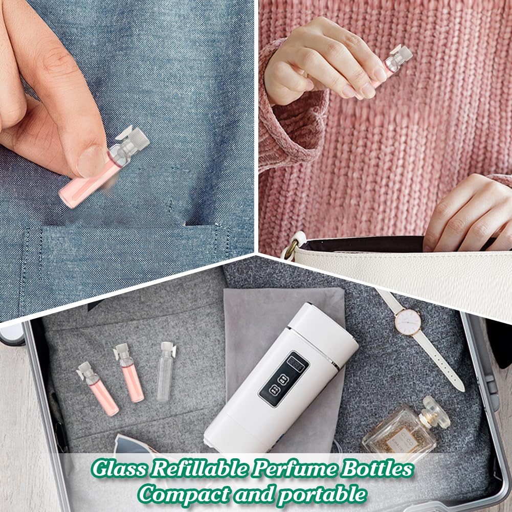 OLYCRAFT 150 mini botellas de perfume de vidrio vacías de 1 ml, mini frascos de perfume recargables con tapa de plástico blanco, botellas de muestra de perfume para viajes y fiestas