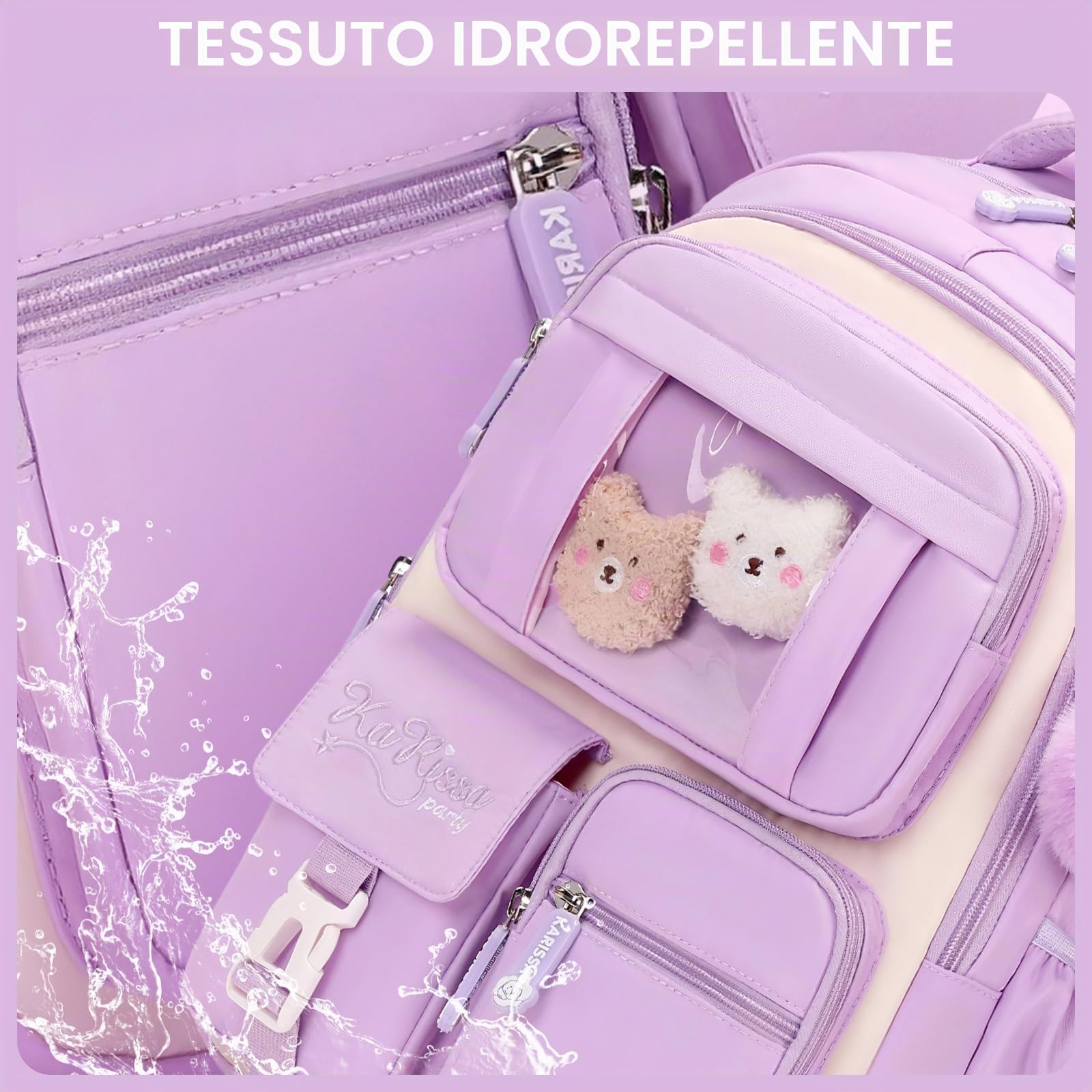Amythe Zaino Scuola Elementare Bambina Traspirante, 7-12 anni | Zaini per Bambini dalla Prima alla Quinta Elementari, Zaino Ragazza in Nylon Impermeabile con Ciondolo, Viola