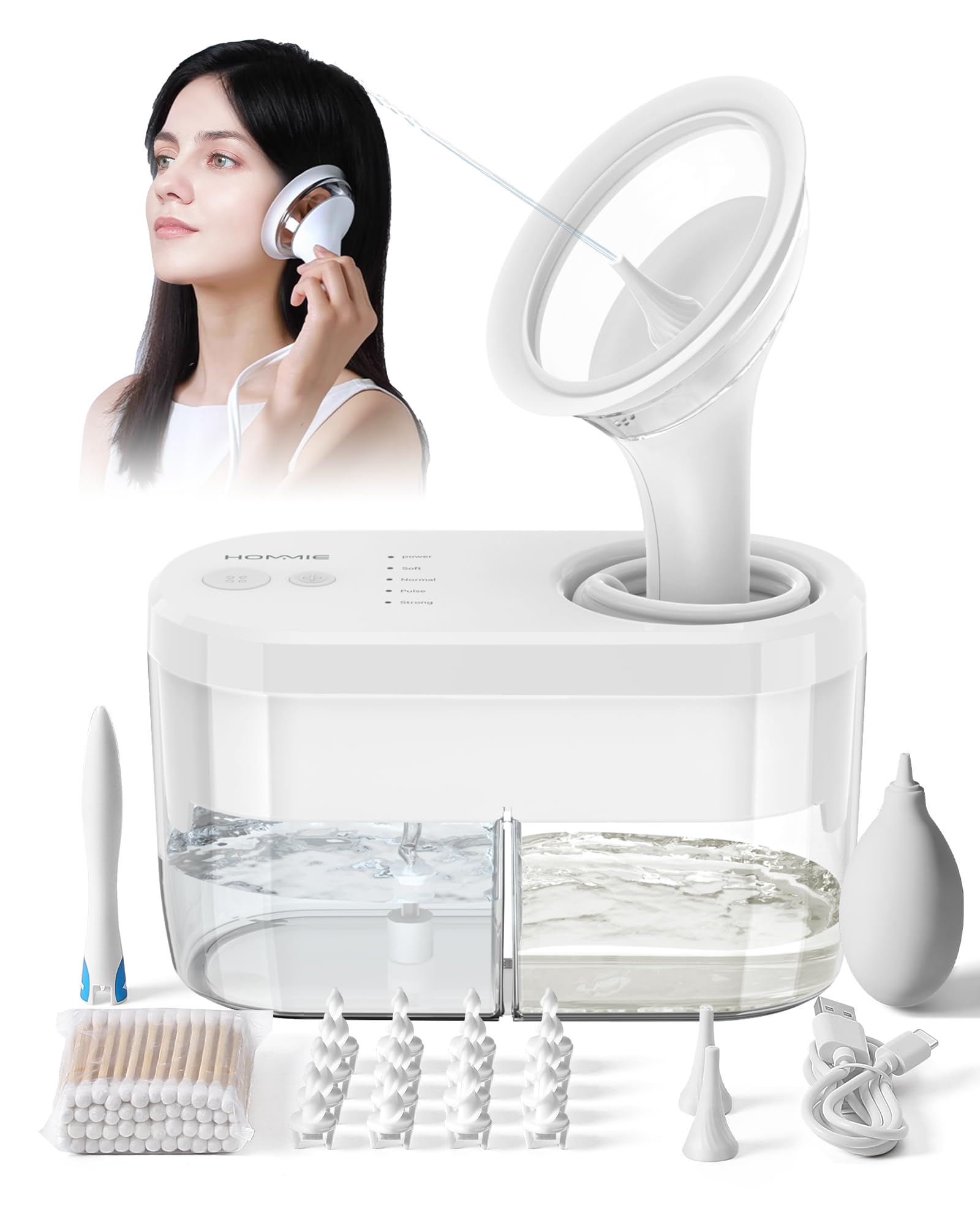 Hommie Earwax Remover, Electric Ear Cleaner with 4 Pressure Modes, Safe and Effective Ear Cleaning Kit, Includes Cotton Buds, 3 Ear Plugs (White) and Screw Ear Plugs