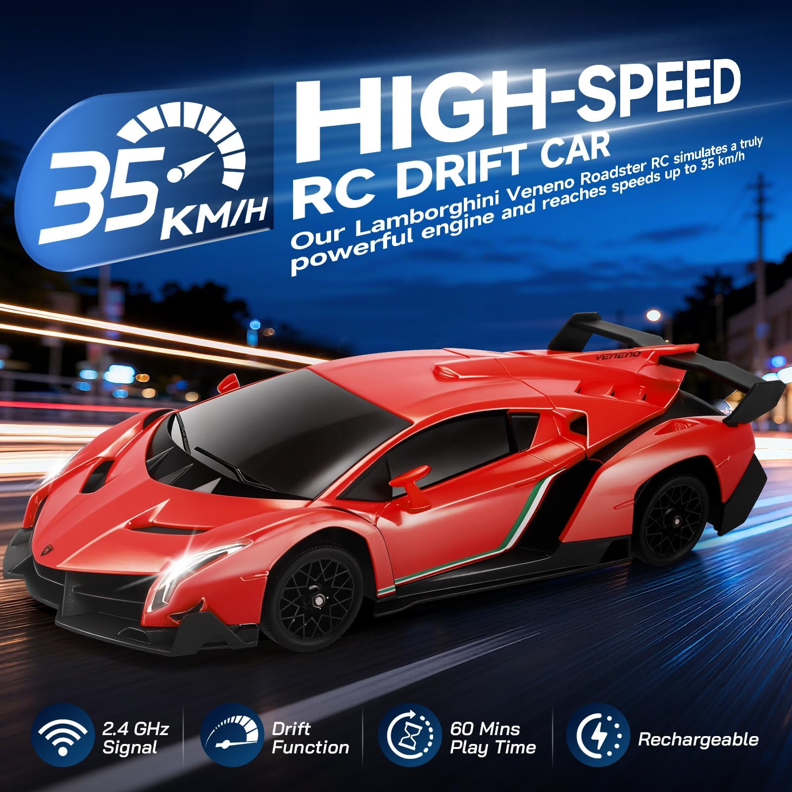Lamborghi-nii - Coche de Drift Control remoto (escala 1:18, 4 ruedas, 35 km/h, con acelerador proporcional, iluminación LED, para niños de 6 a 12 años