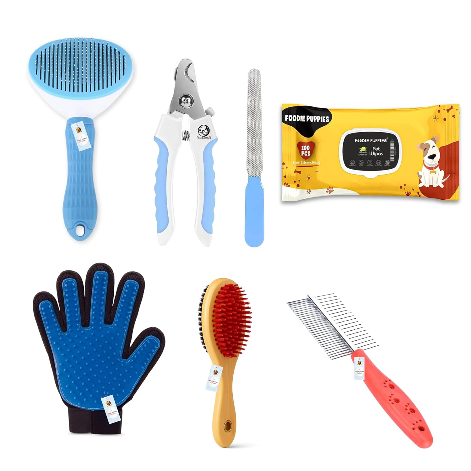 Foodie Puppies Grooming Kit for Dogs - (Grooming Bliss Kit - 6in1) | Nail Cutter, Oval Slicker, 2Side Comb, Massage Glove,...