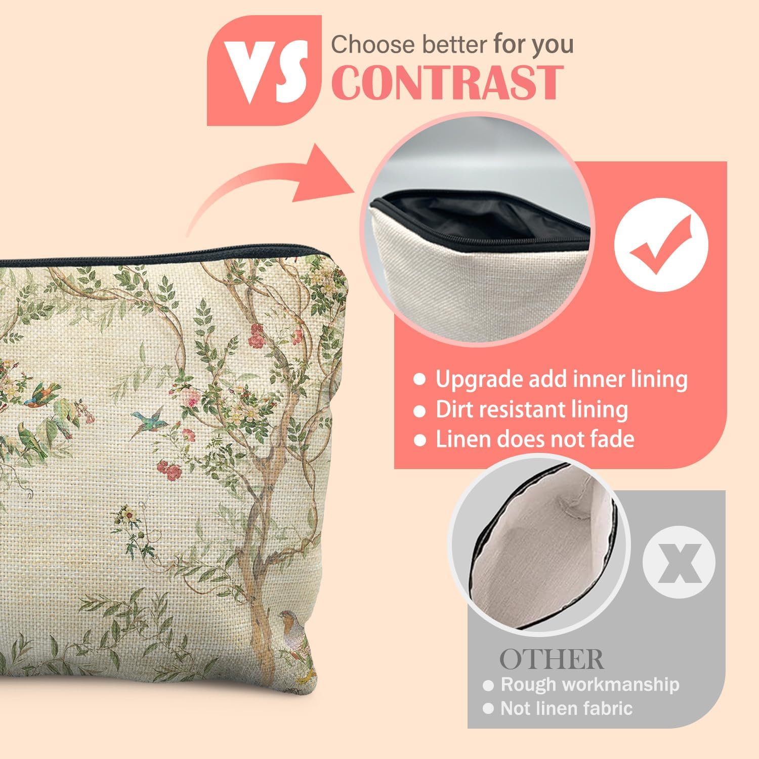Vintage Chinoiserie Floral Bird Makeup Bag for Women, Retro Spring Flower Cosmetic Bag for Purse, Elegant Botanical Makeup Zipper Pouch - Image 4