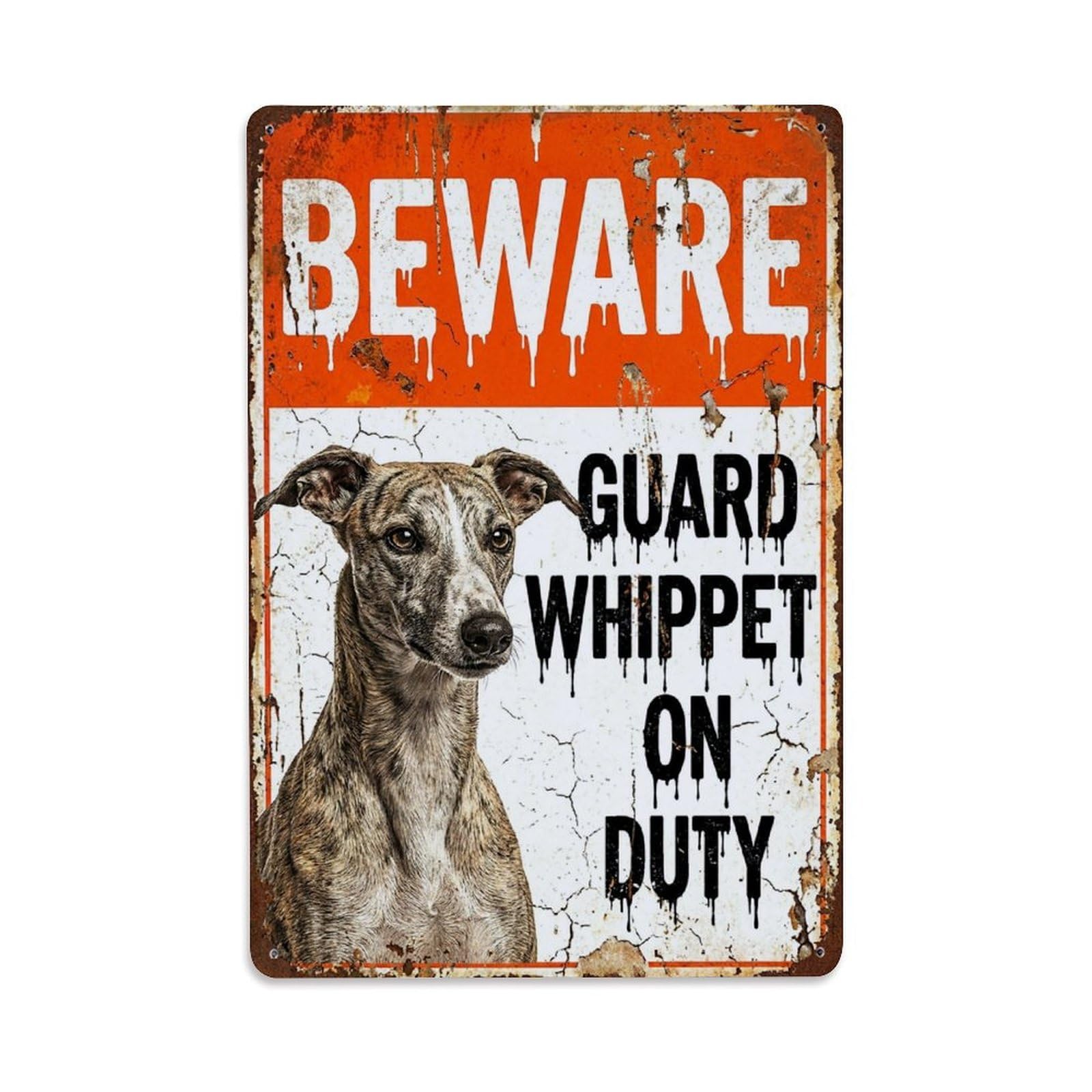 Vintage Funny Whippet Guard Beware of Dog Landing Metal Tin Sign Plaque Wall Decor for Cafe, Club Bar, Office, Garden Metal Poster 8x12Inch