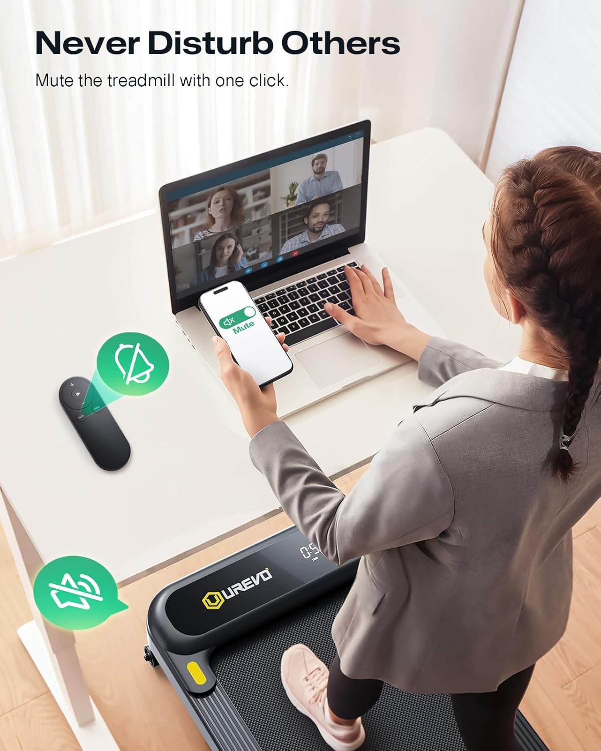 Smart Treadmill with 9% Auto Incline, Hiking and Running Walking Pad Treadmills for Home Office, Treadmill with UREVO APP, AI Powered Music Course, HIIT Programs Synced to Scenic Route, One-Click Mute